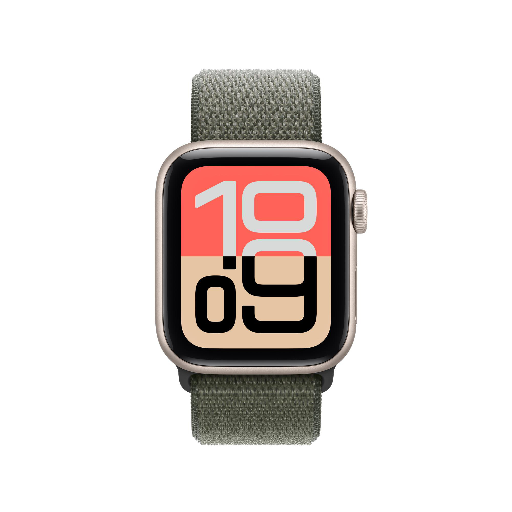 Eine Apple Watch mit grünem Stoffarmband. Das Zifferblatt zeigt die Uhrzeit: 10:09, mit einem lachsfarbenen und beigen Farbschema.