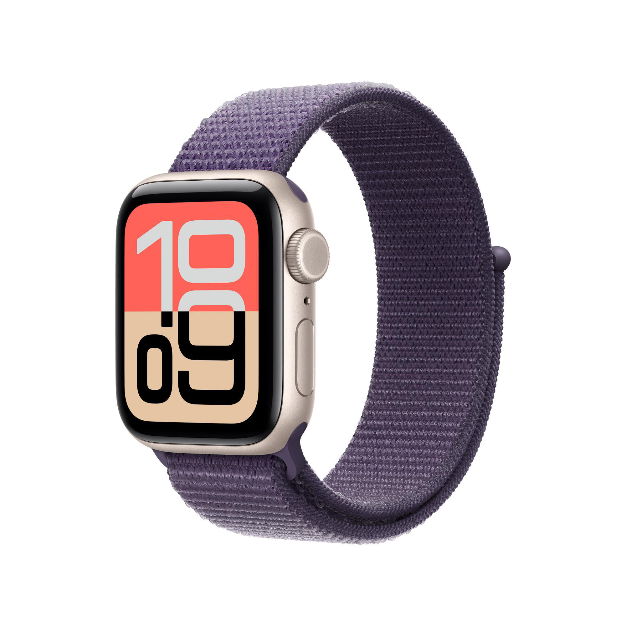 Eine Apple Watch mit lila gewebtem Armband. Das Zifferblatt zeigt die Uhrzeit 10:09 an. Die Uhr und das Armband sind vor weißem Hintergrund platziert.