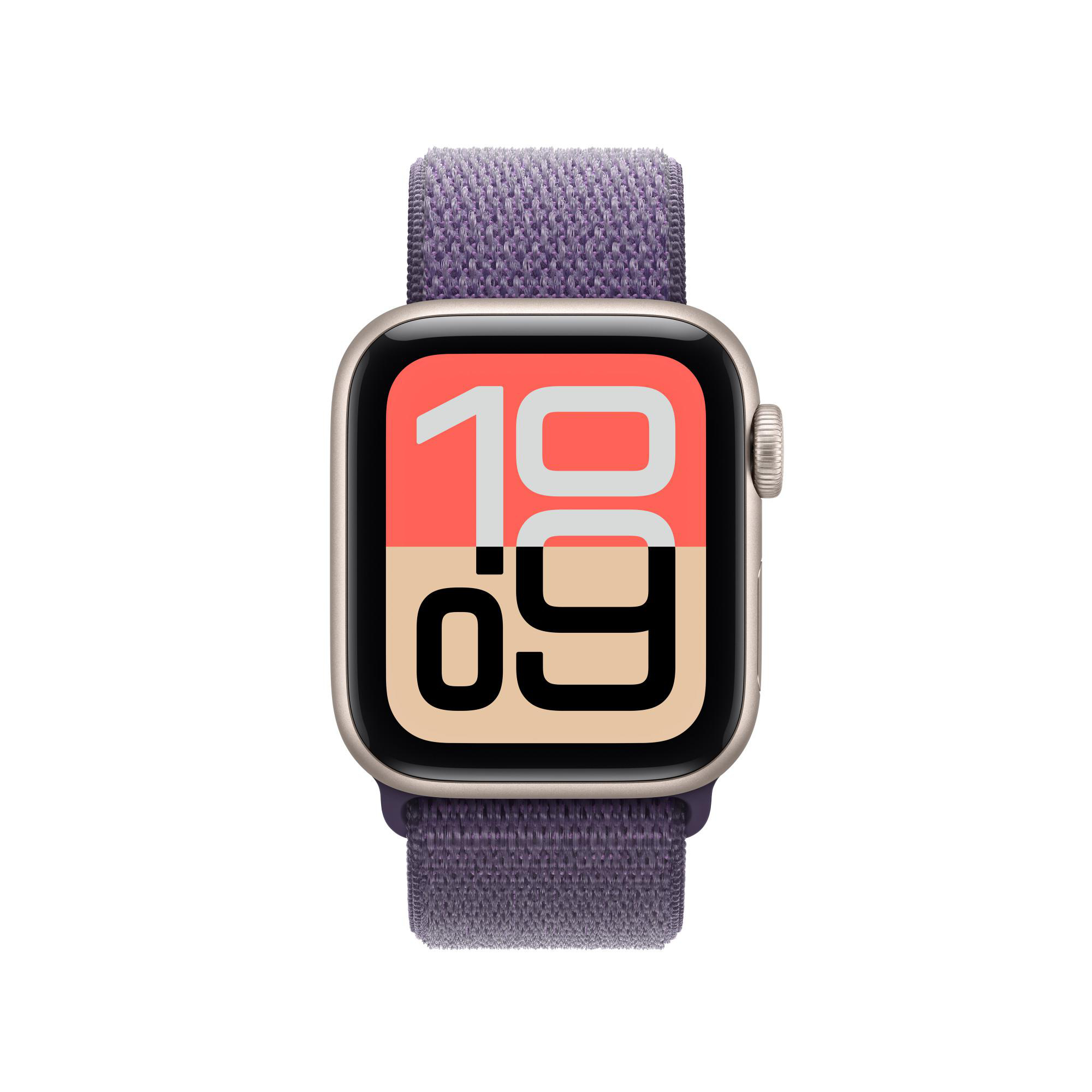 Apple Watch SE mit lila Armband. Der Bildschirm zeigt die Uhrzeit 10:09. Die Uhr hat eine goldene Farbe.