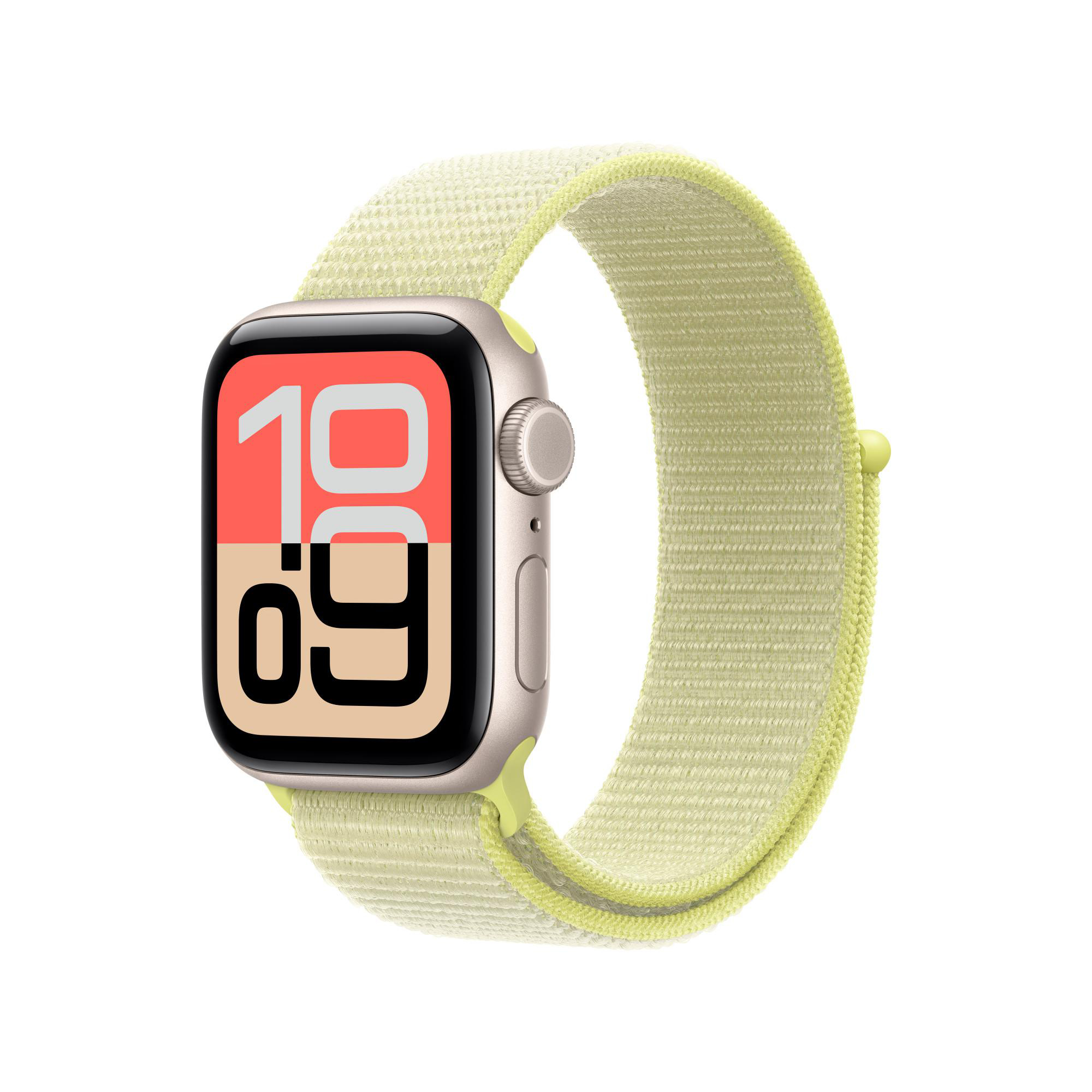 Apple Watch SE mit hellgrünem Armband. Das Zifferblatt zeigt die Uhrzeit 10:09 Uhr an. Die Uhr befindet sich auf weißem Hintergrund.