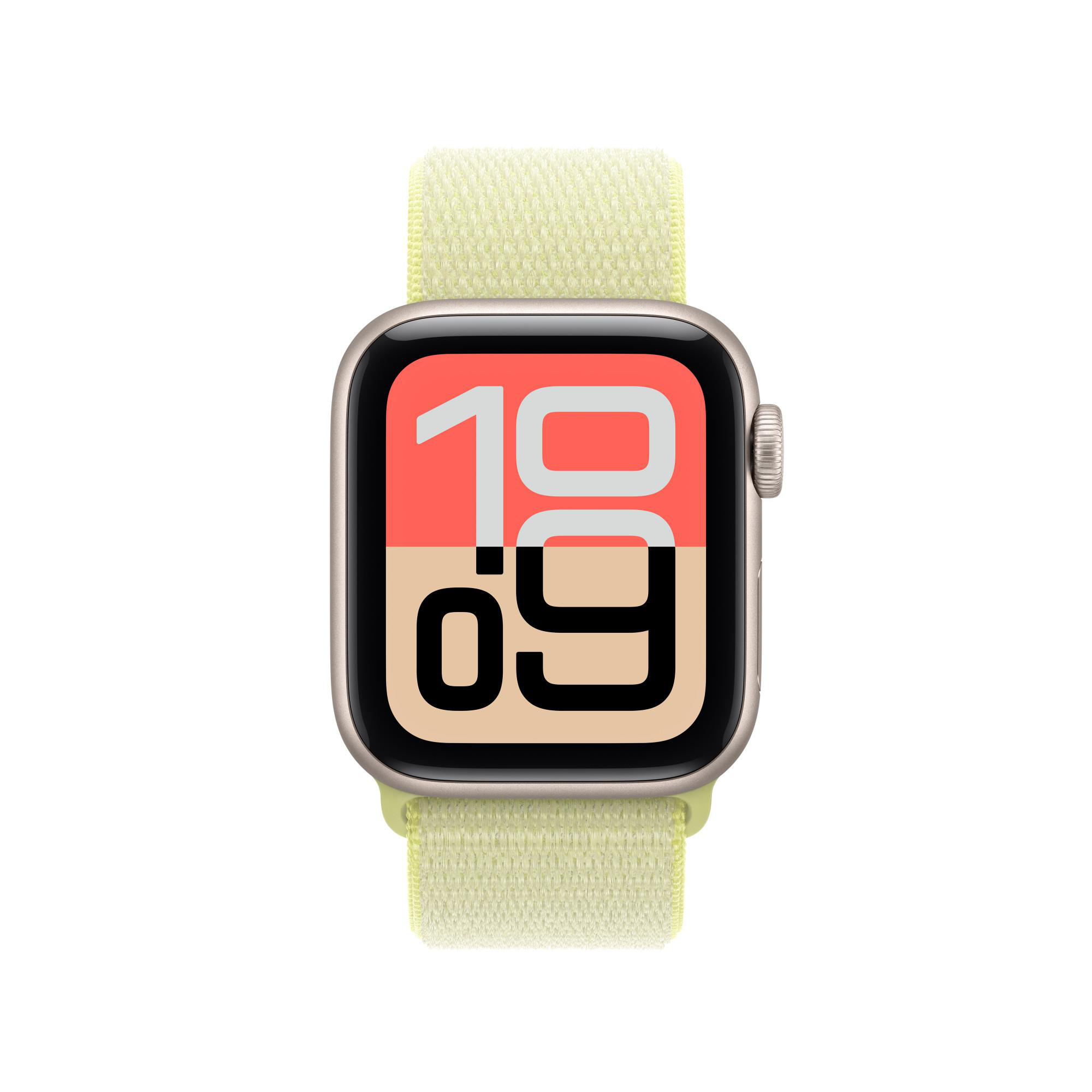 Eine Apple Watch mit hellgrünem Armband. Das Zifferblatt zeigt die Zeit 10:09. Der Hintergrund ist weiß.