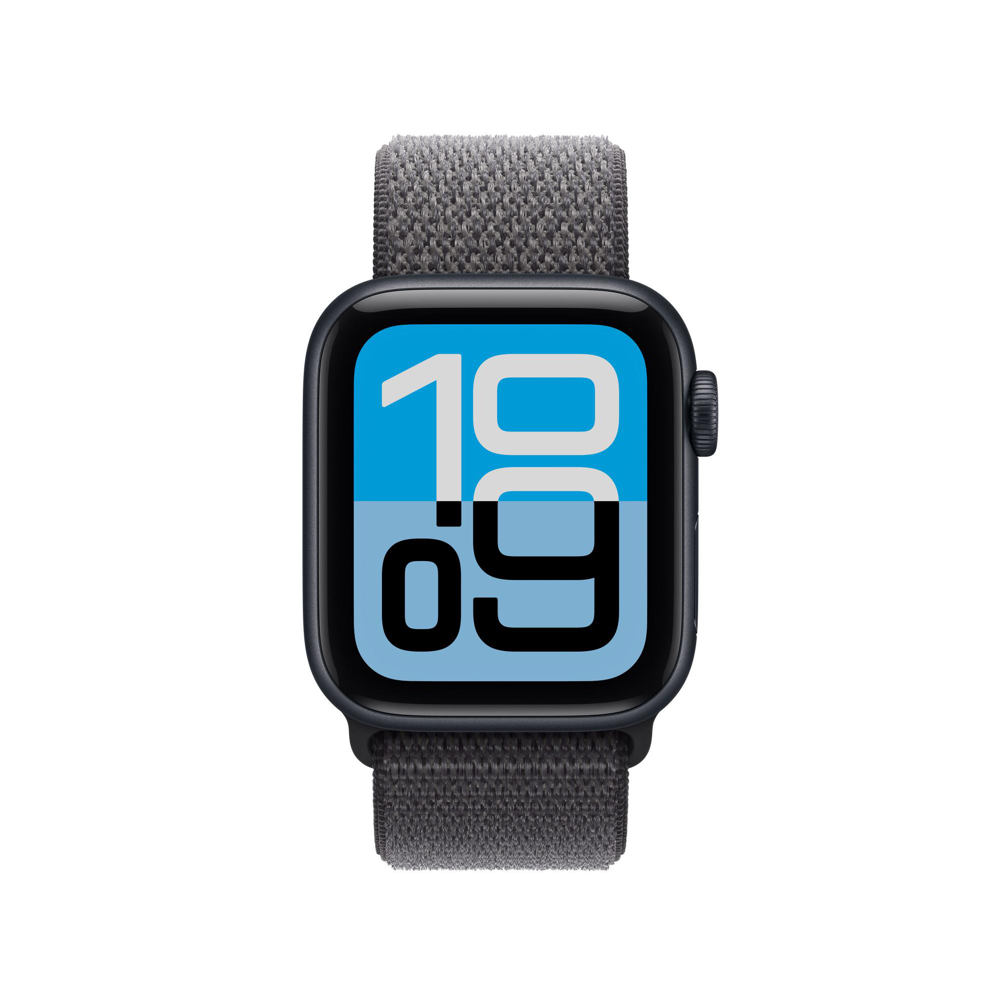 Schwarze Apple Watch mit grauem Band, die die Zeit 19:09 auf blauem Bildschirm anzeigt.