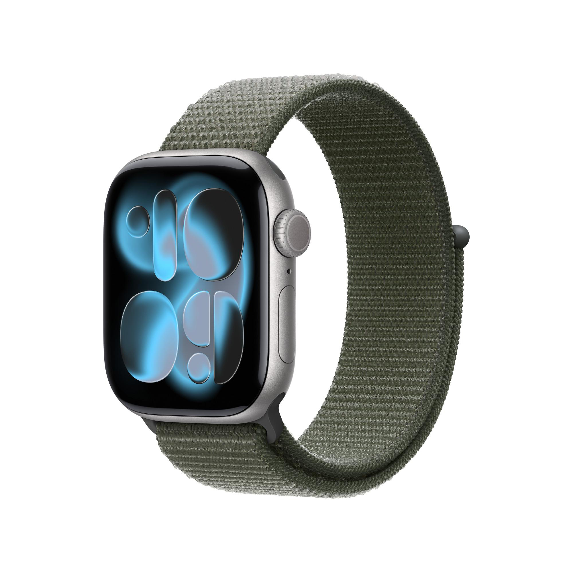 Apple Watch mit grauem Gehäuse und olivgrünem Stoffband. Der Bildschirm zeigt blau-weiße Grafiken vor weißem Hintergrund.