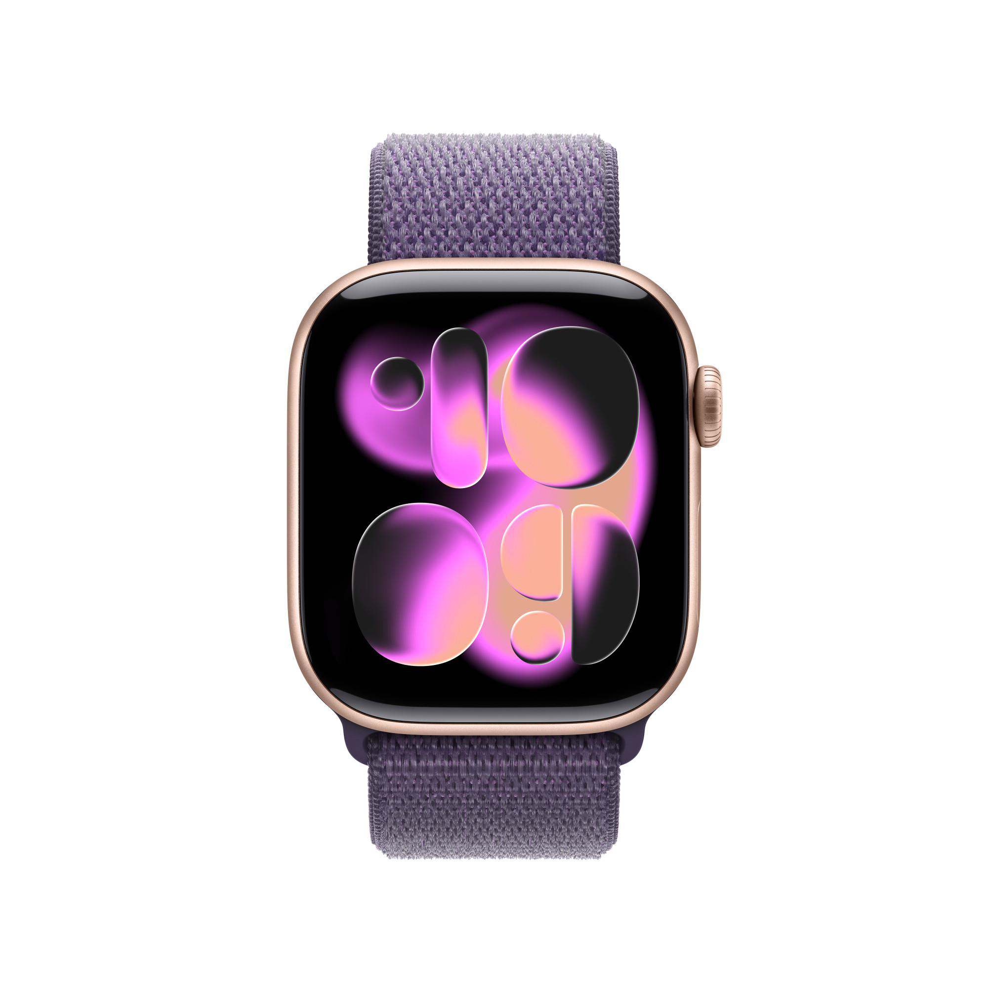 Eine Smartwatch mit lila Armband und goldenem Gehäuse. Das Display zeigt eine digitale Zeitanzeige mit Rosa- und Lilatönen.