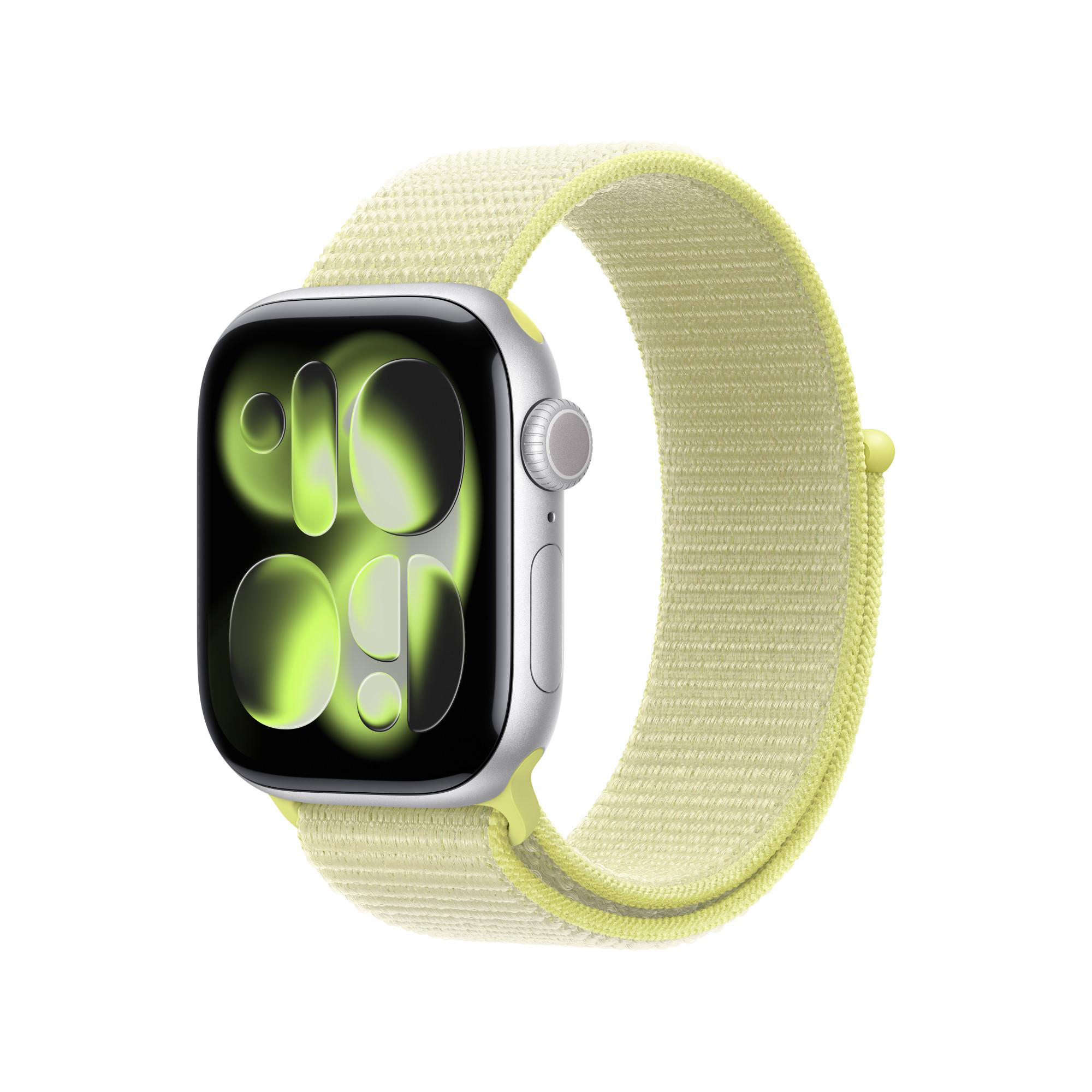 Apple Watch mit gelbem Armband. Das Zifferblatt zeigt eine grüne, stilisierte Zeit. Der Hintergrund ist weiß.