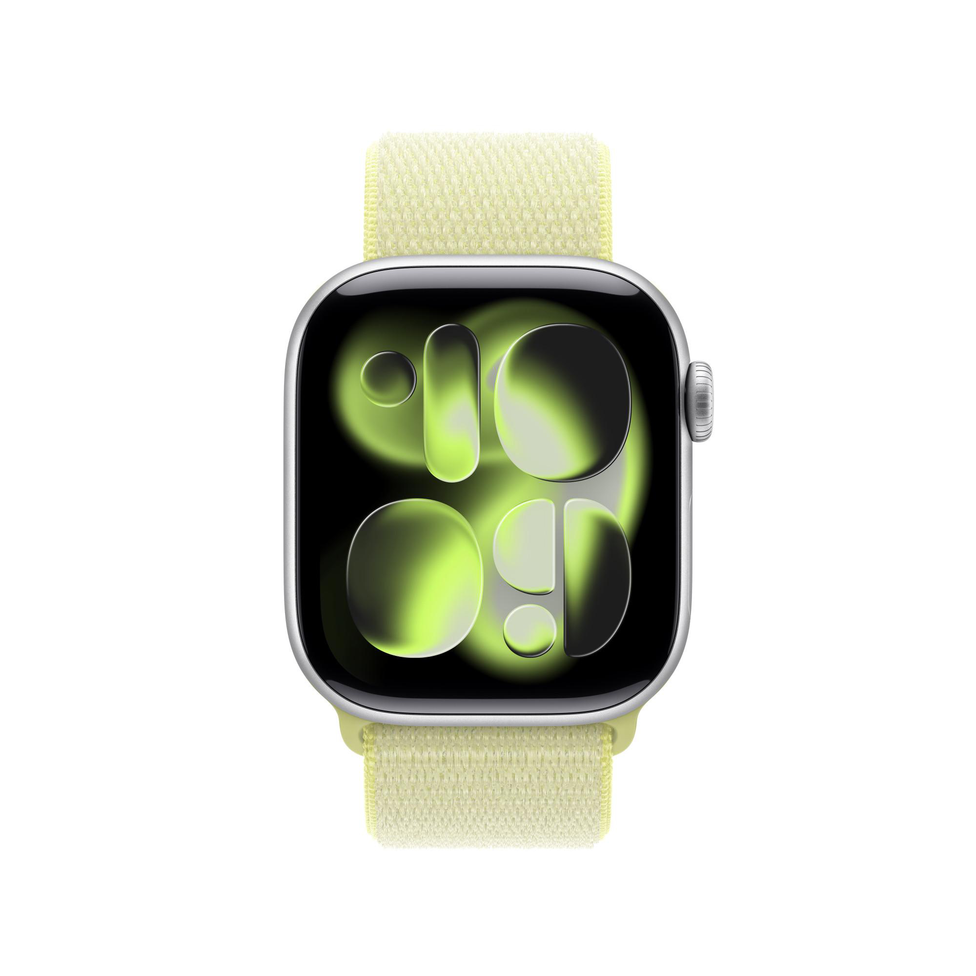 Apple Watch mit gelbem Band. Der Bildschirm zeigt eine grün-schwarze Grafik.
