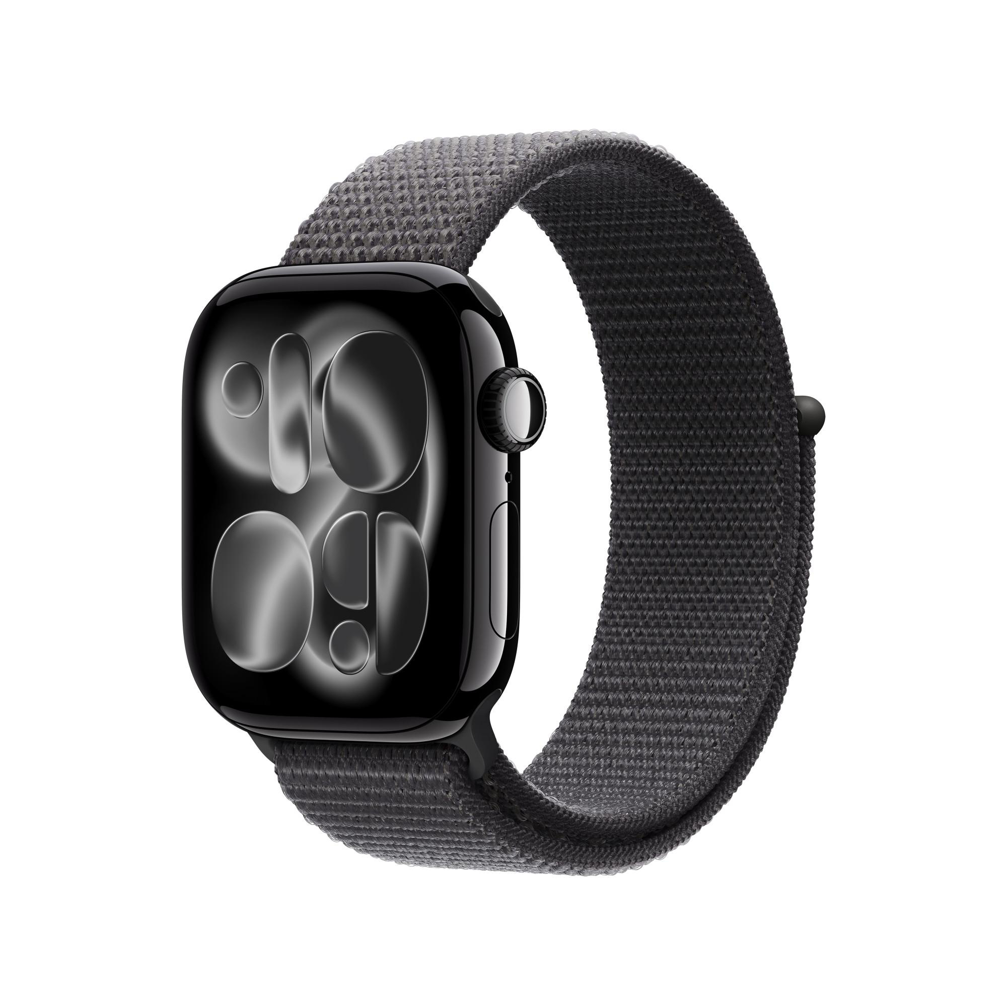 Eine schwarze Apple Watch mit grauem Stoffband. Das Zifferblatt zeigt ein abstraktes Design. Der Hintergrund ist weiß.