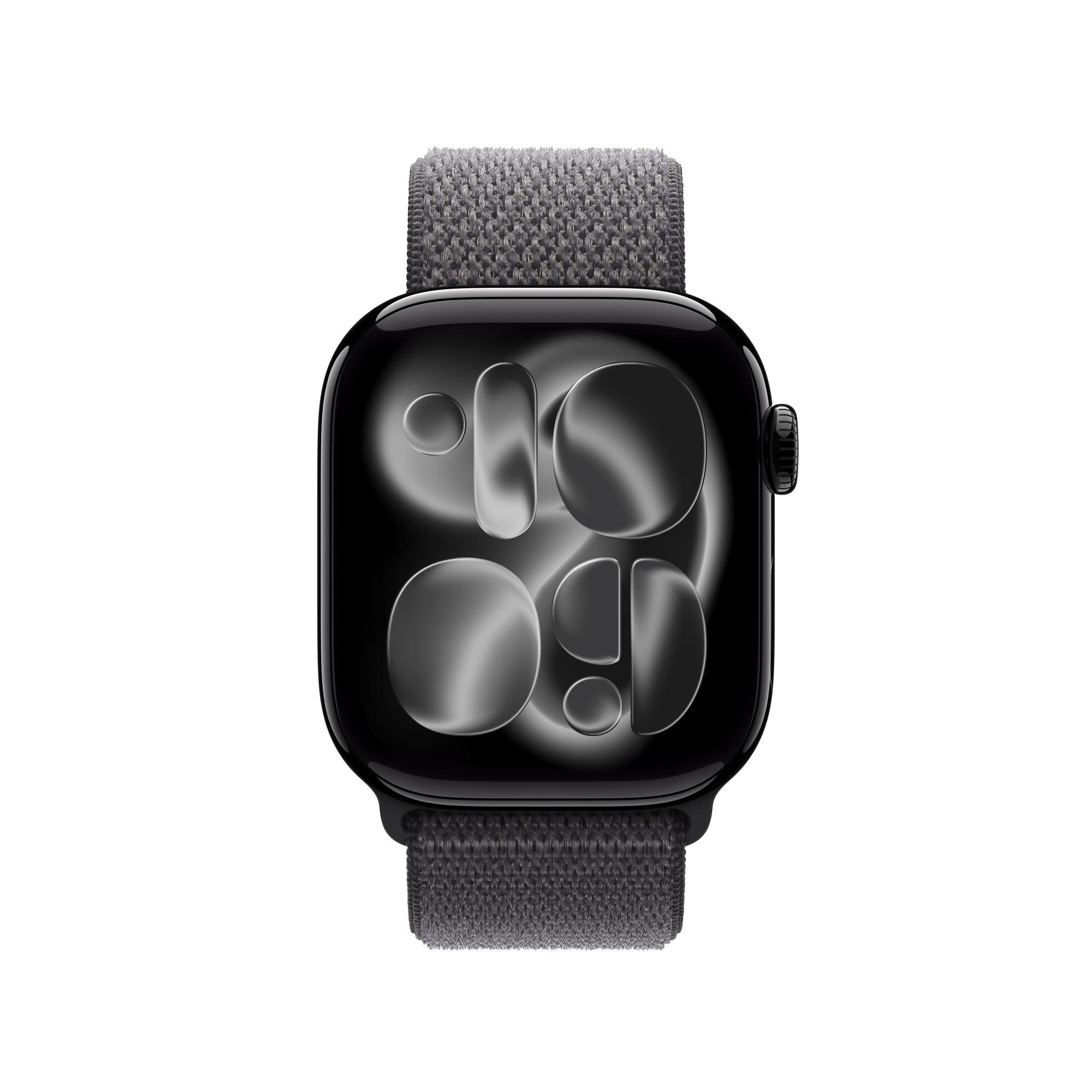 Schwarze Apple Watch mit grauem Armband. Das Zifferblatt zeigt die Uhrzeit 10:09.