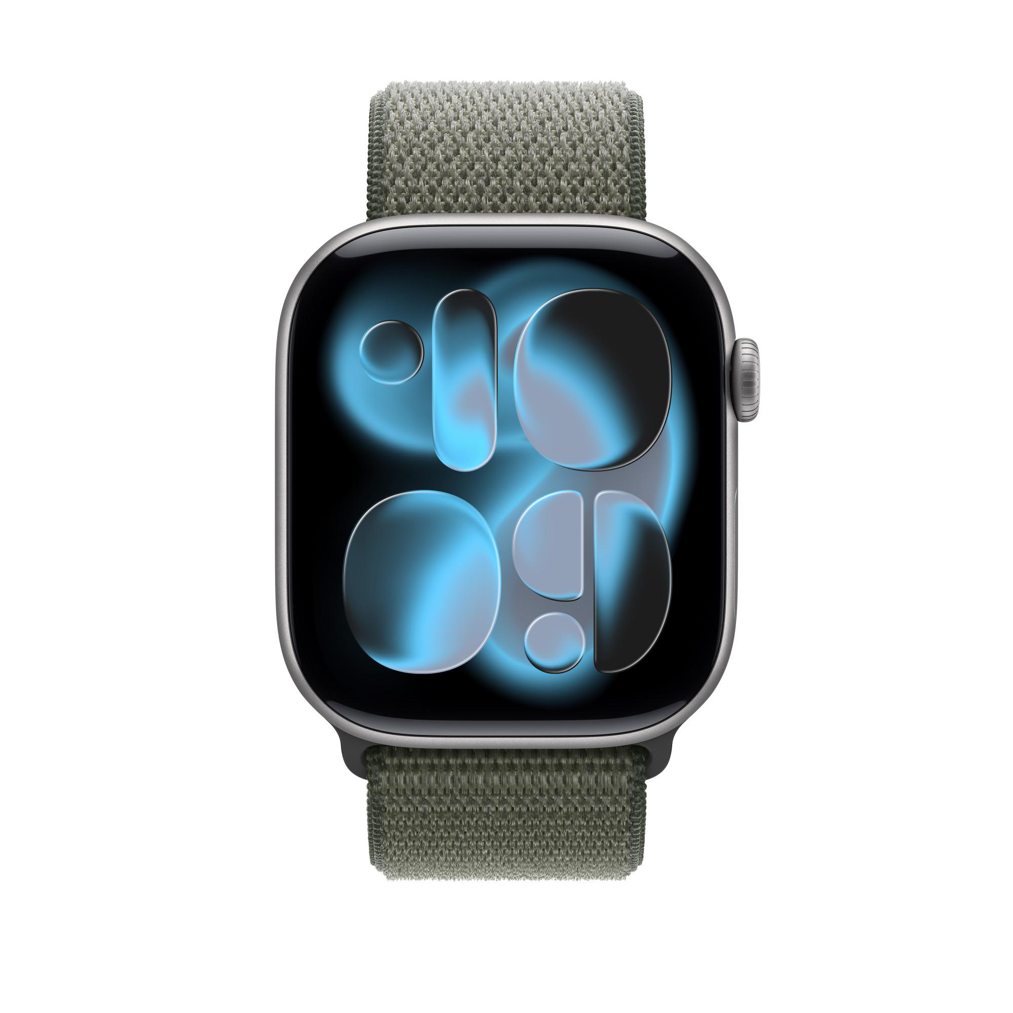 Eine Apple Watch mit grünem Armband. Das Zifferblatt zeigt ein blaues und schwarzes abstraktes Design.