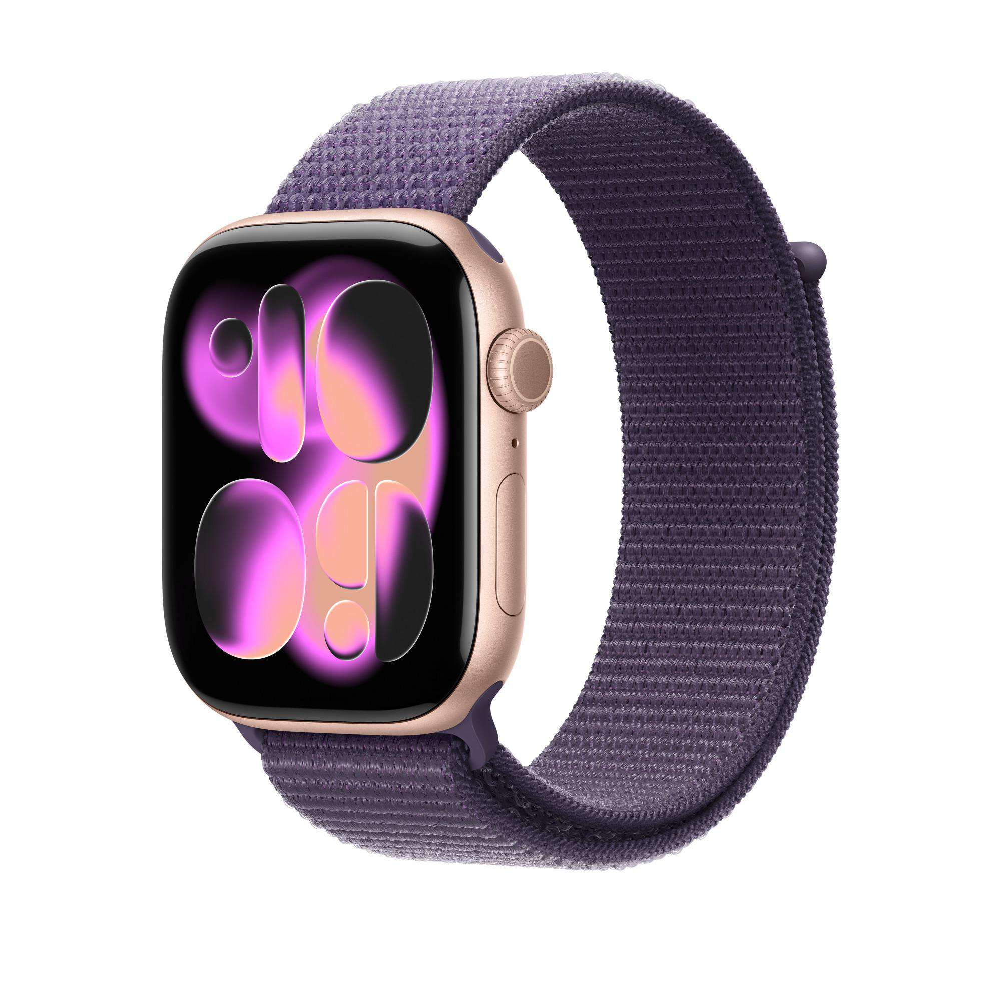 Goldene Apple Watch mit lila Armband. Die Uhr zeigt einen pink-orangenen Farbverlauf. Das Armband besteht aus gewebtem Material.