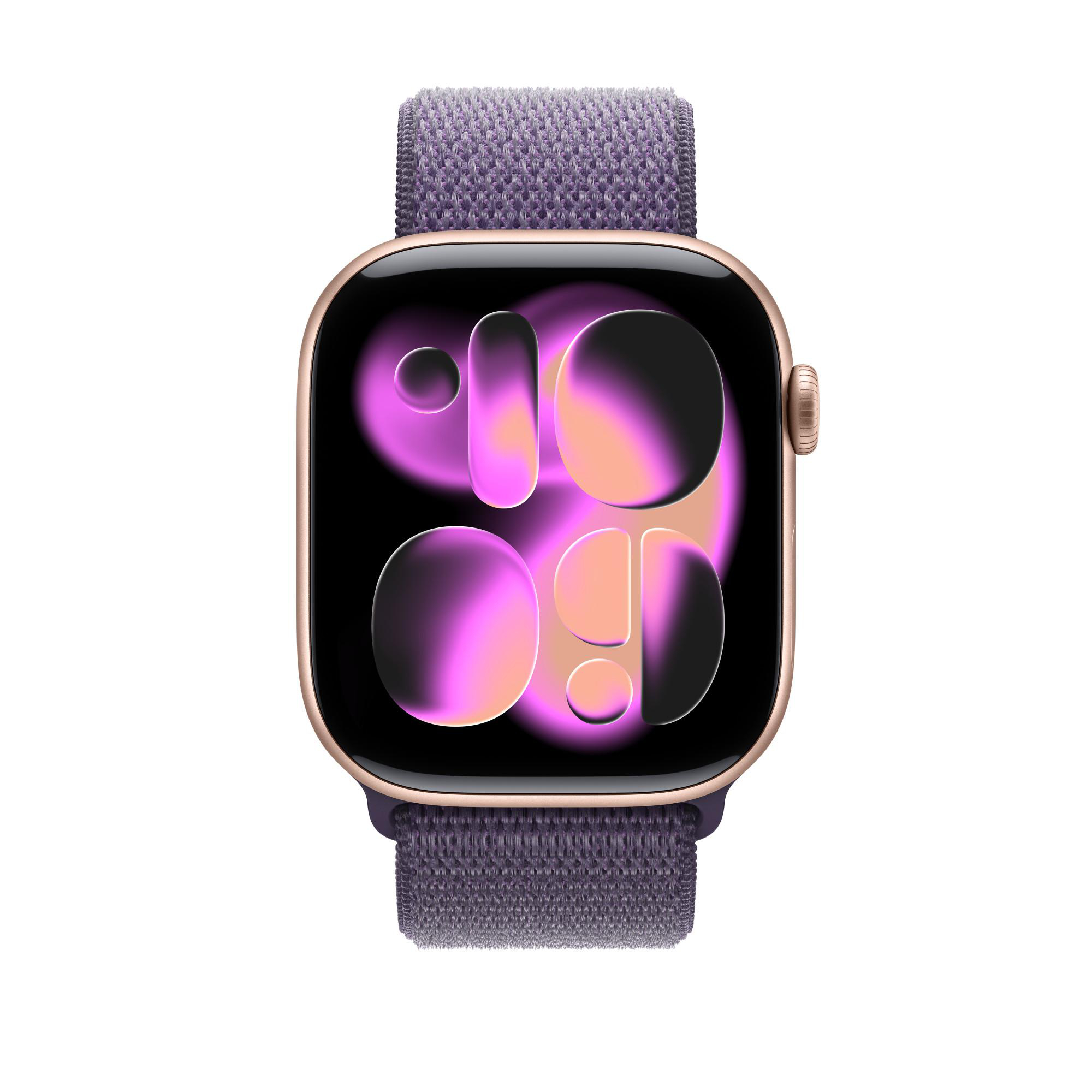 Eine Apple Watch mit goldenem Gehäuse und lila Armband. Das Zifferblatt zeigt eine stilisierte Uhrzeit mit rosa und orangefarbenen Farben.