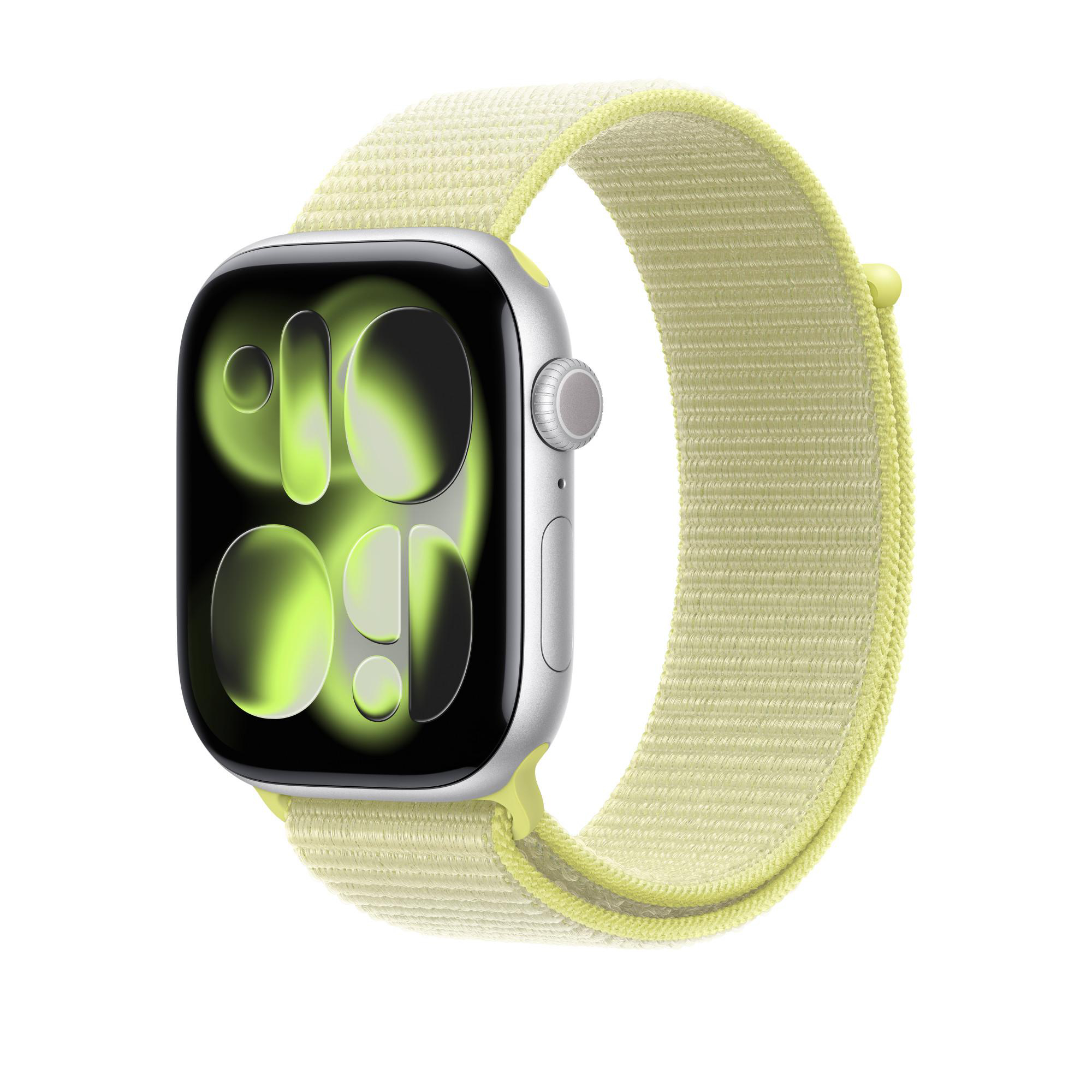 Eine Apple Watch mit hellgrünem Armband und schwarzem Bildschirm mit grünen Grafiken. Silbernes Gehäuse und Knopf.