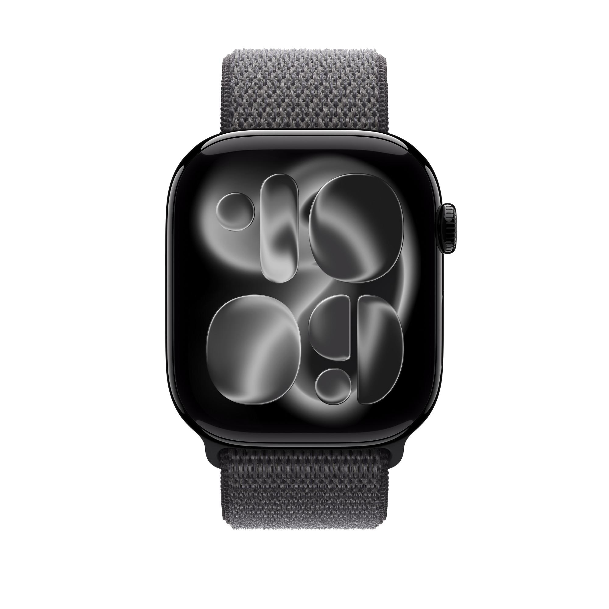 Eine schwarze Apple Watch mit grauem gewebtem Armband. Das Zifferblatt zeigt eine stilisierte digitale Uhrzeit.