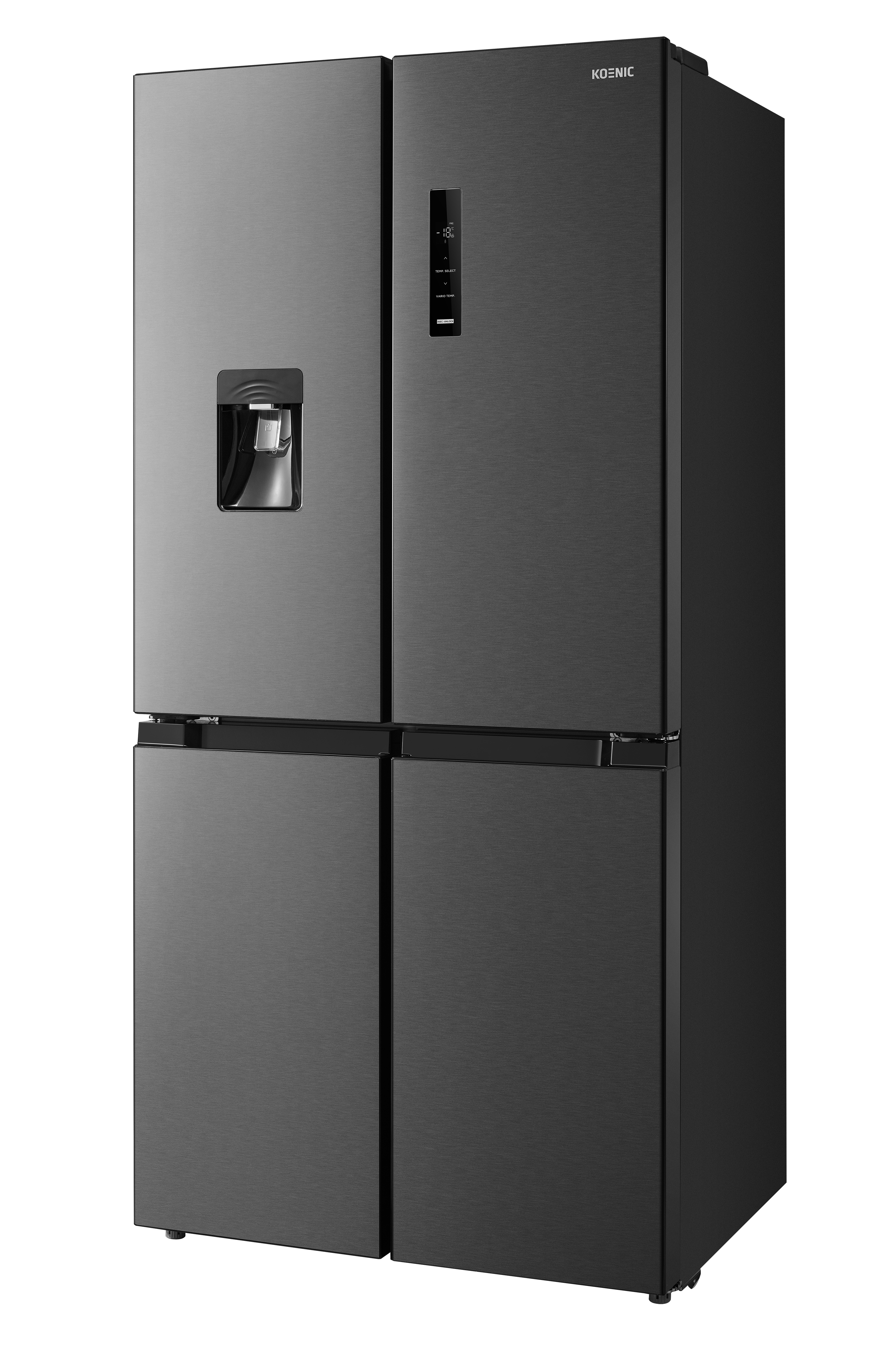 Ein schwarzer Koenic-Kühlschrank mit vier Türen. Er hat einen Wasserspender und ein Bedienfeld. Der Hintergrund ist schwarz.