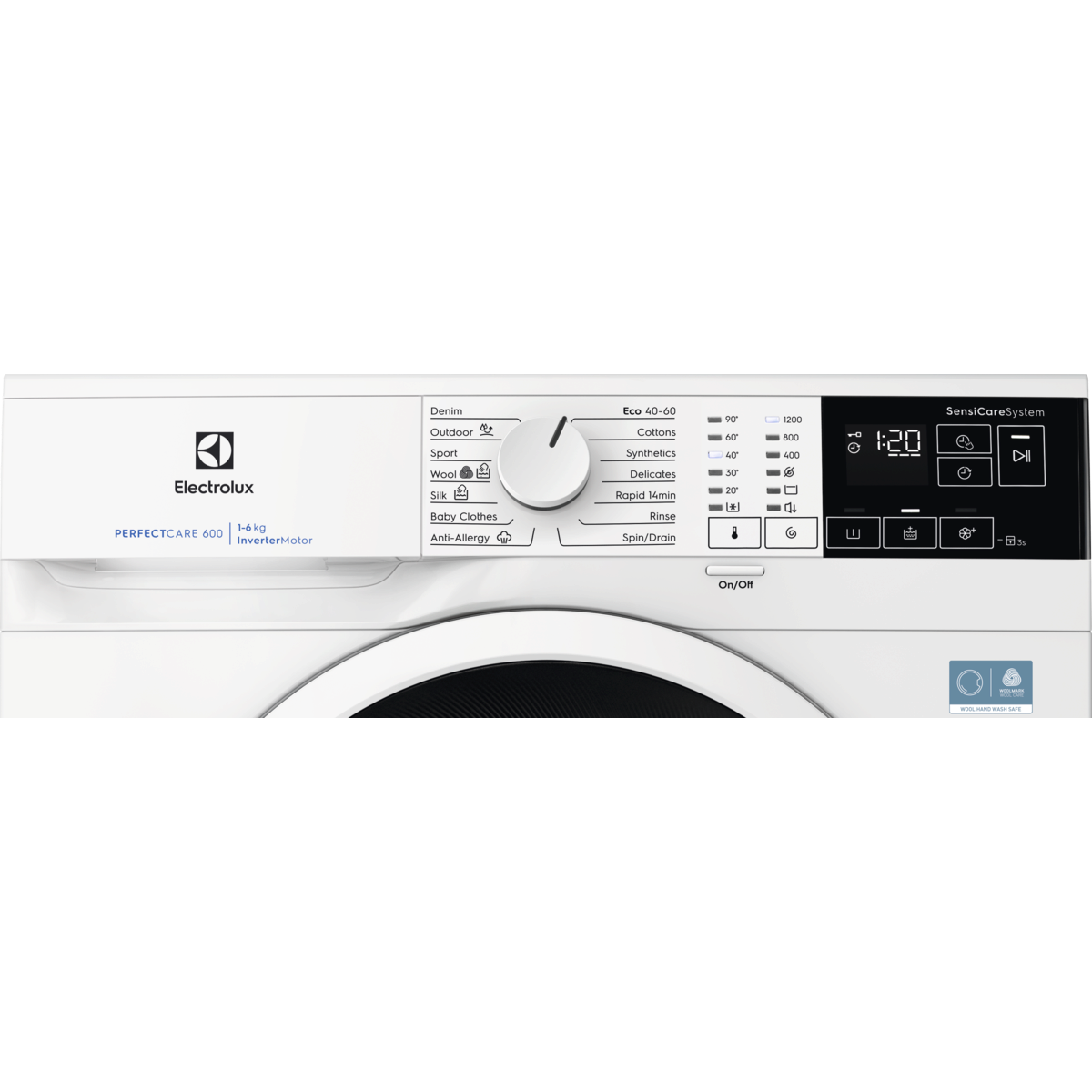 Fehér Electrolux mosógép vezérlőpanel. Jellemzői: tárcsa a mosási ciklusokhoz, digitális kijelző és különféle gombok.
