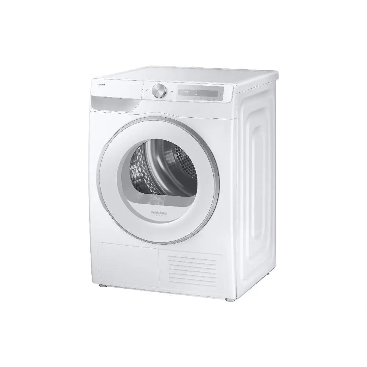 A white Samsung dryer, front view. It has a round door, digital display, and Heatpump logo. The background is white.