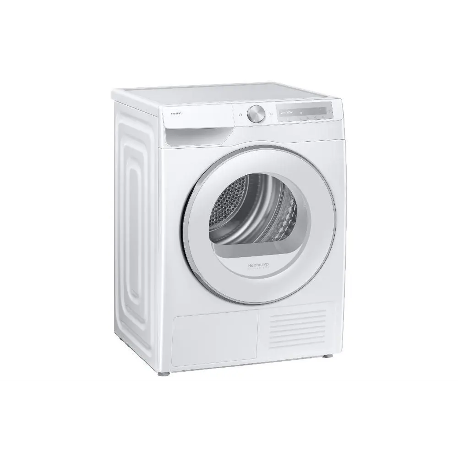 A white washing machine dryer is shown. It has a round door, control panel, and is set against a white background. 