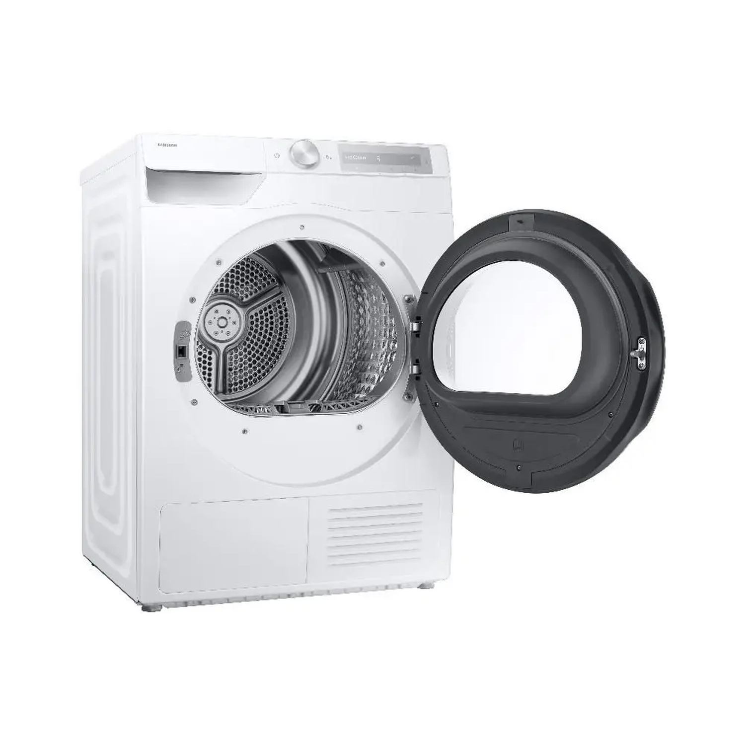 A white Samsung dryer with the door open. The interior drum is visible. The door is black. The dryer is on a white background.