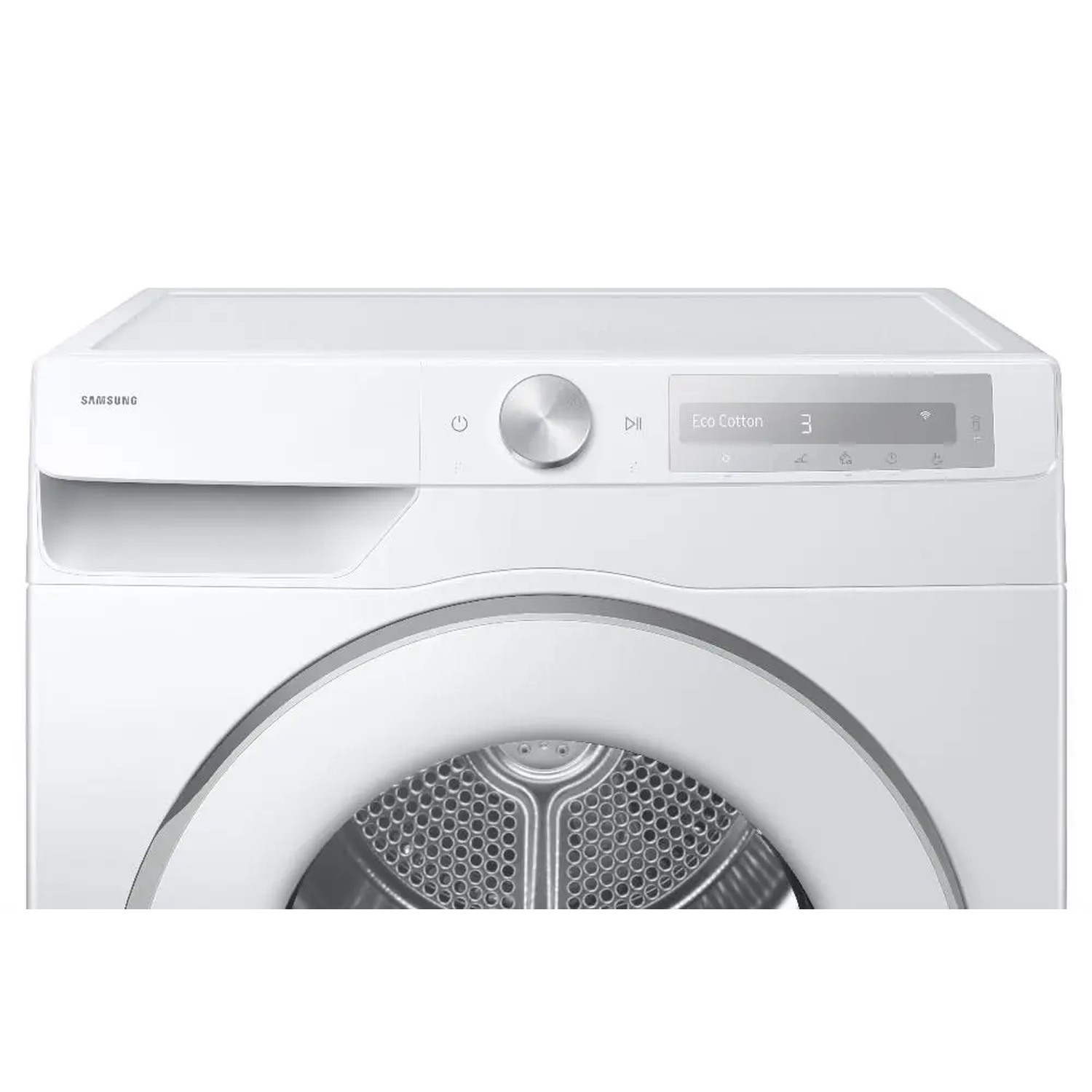 A white Samsung dryer with a control panel displaying 'Eco Cotton' and a digital timer. The door is a large circle.