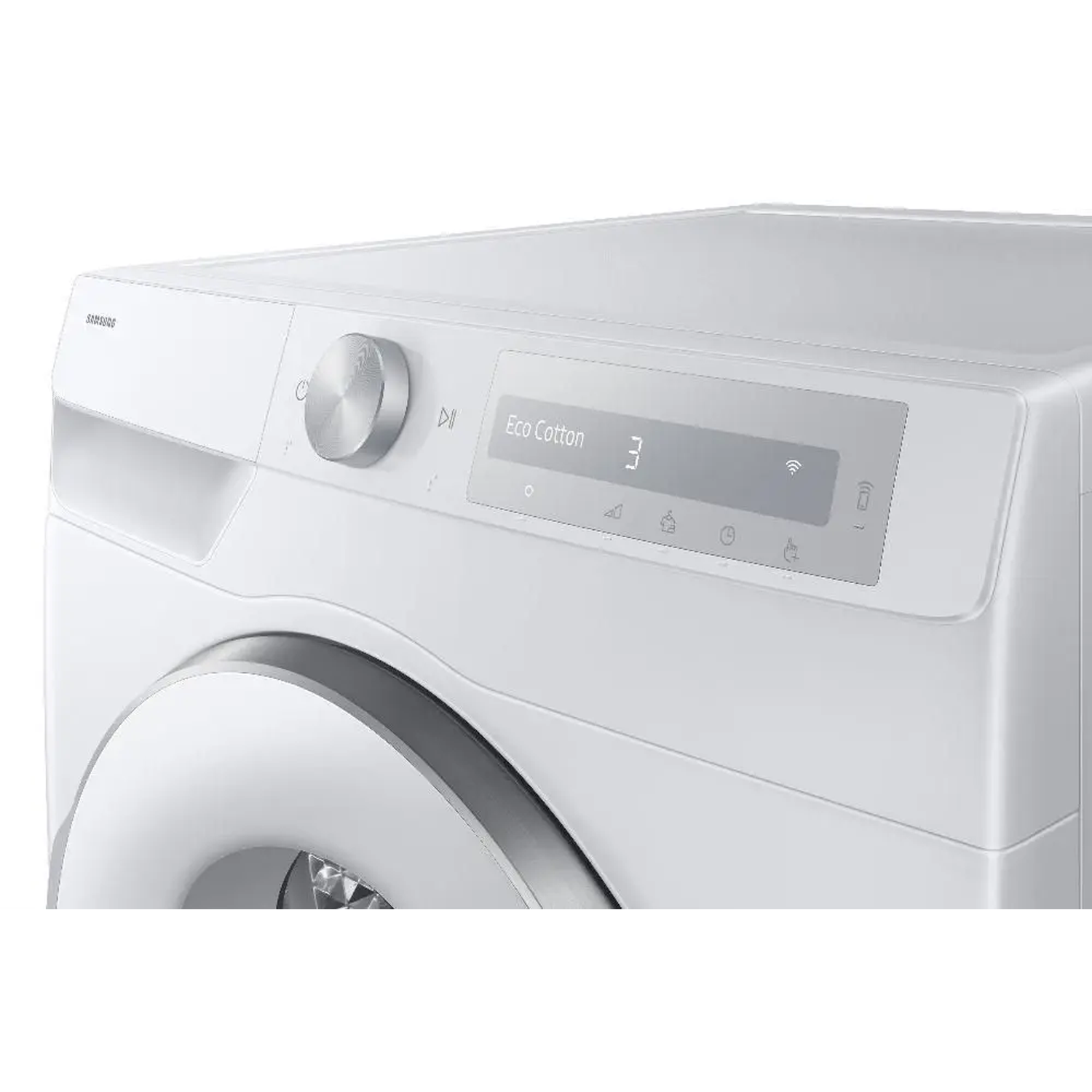 A close-up of a white washing machine control panel. It features a dial, a display, and the Samsung logo.