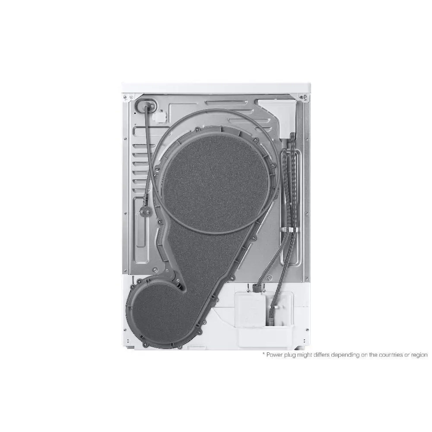 Rear view of a white dryer. A large, gray, circular component is visible.  Wiring and other components are also seen.