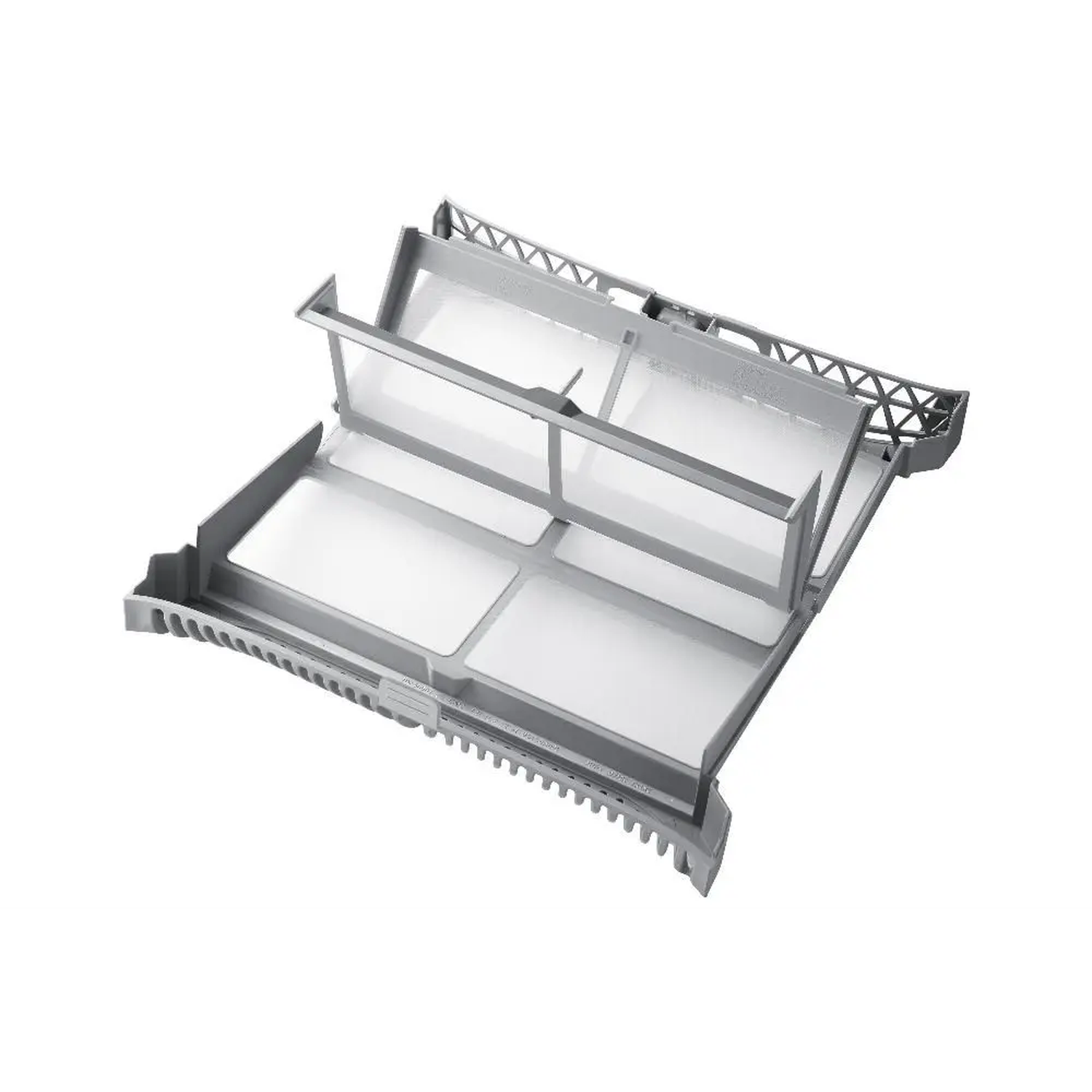 A gray lint filter from a dryer. The filter is rectangular with several white mesh screens and a toothed edge.