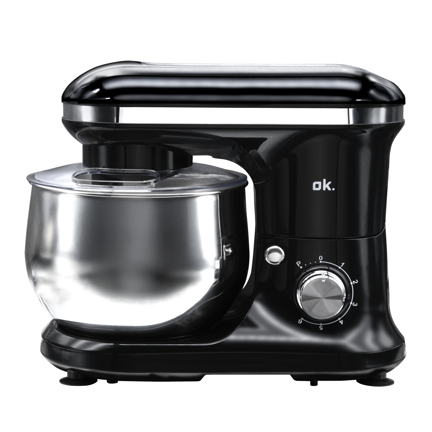 A black ok. stand mixer with a stainless steel bowl and a clear splash guard, set against a black background.