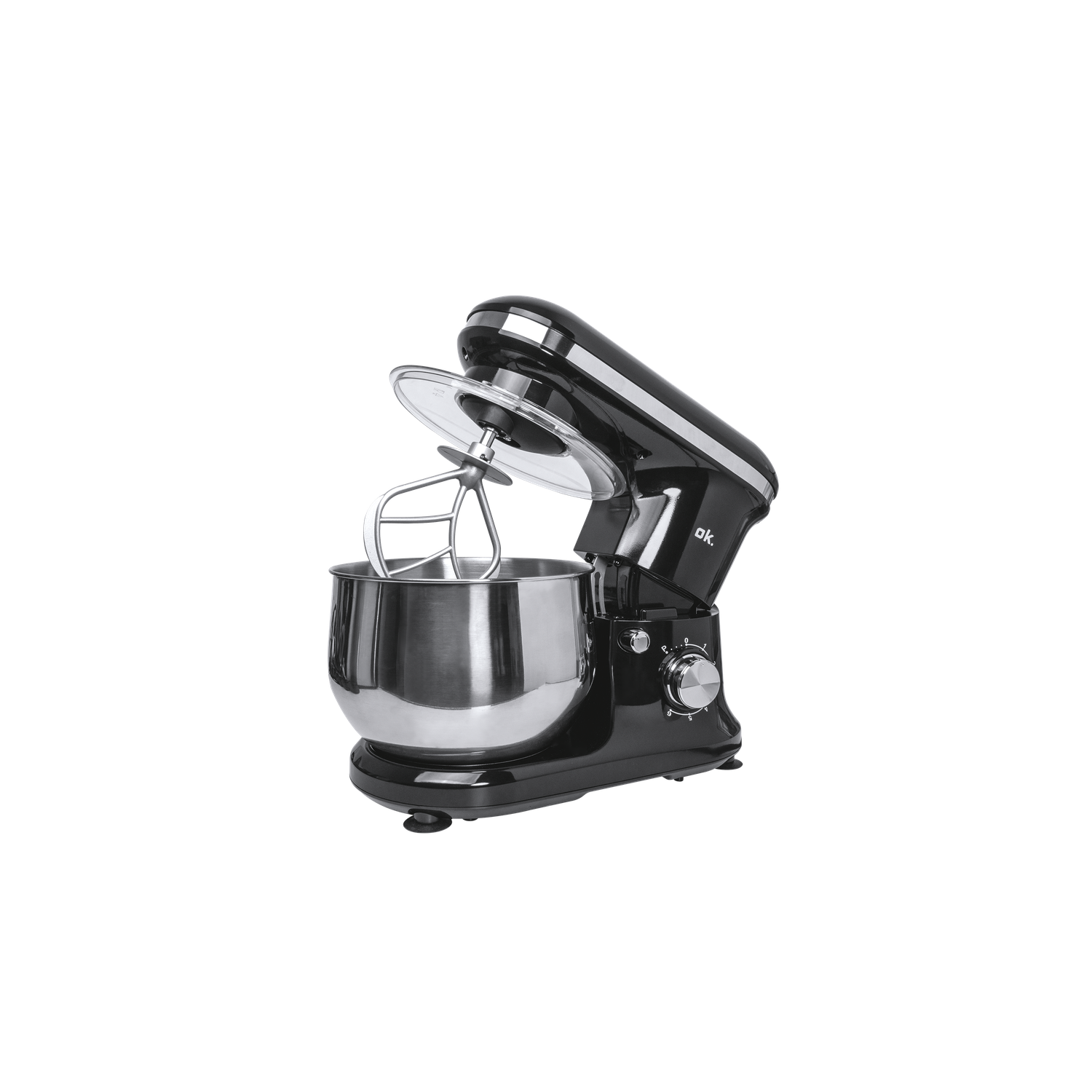 A black stand mixer with a stainless steel bowl and beater is displayed, with the top open. The background is black.