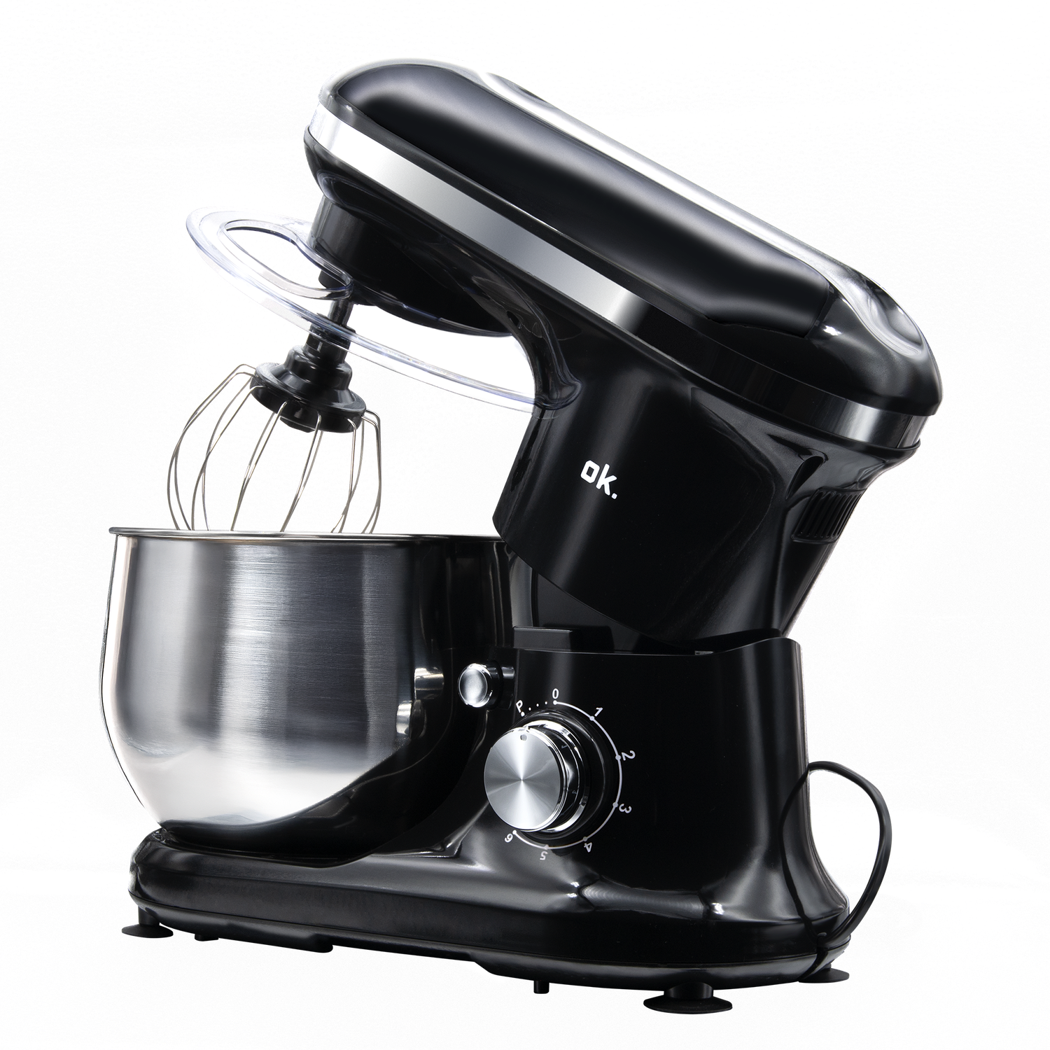 A black stand mixer with a silver bowl and whisk attachment. The background is a shiny, reflective surface with water drops.