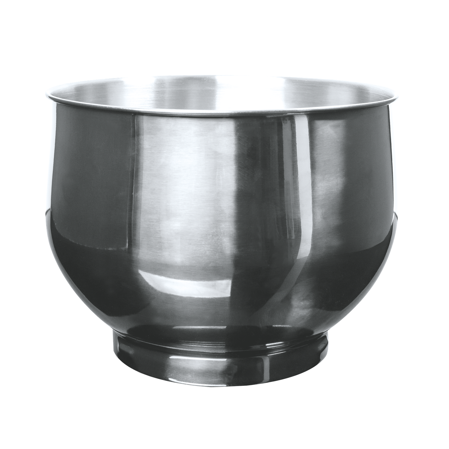 A stainless steel mixing bowl, rounded with a flared rim, sits against a black background. The bowl reflects the light.