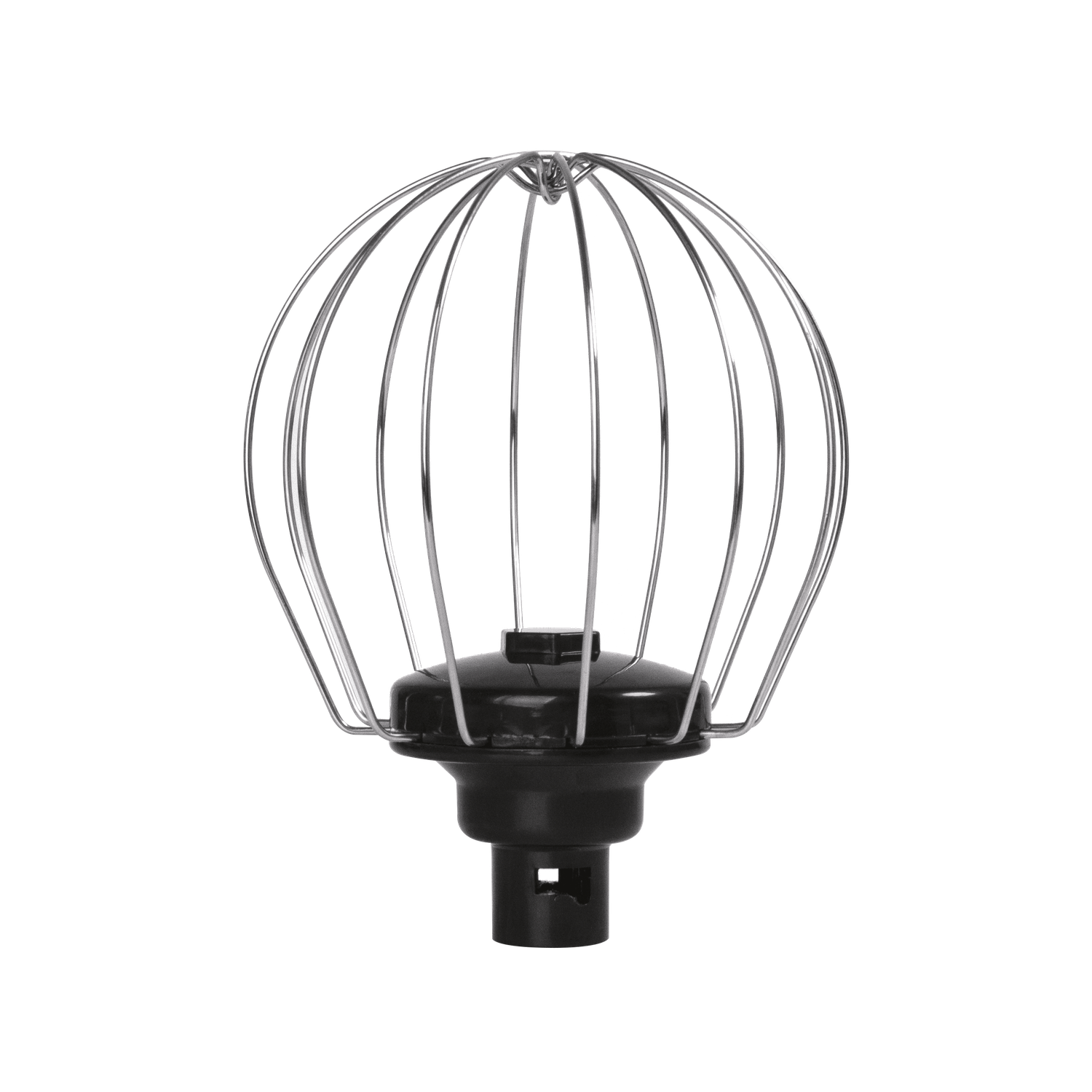 A stainless steel whisk attachment for a mixer. It has a cage-like structure and a black base. Black background.
