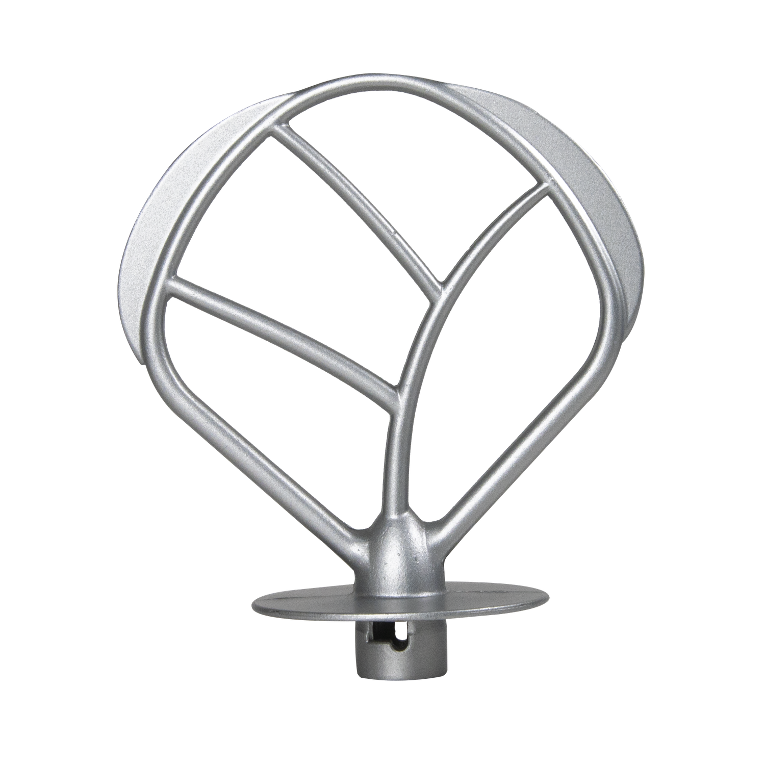 A silver mixer attachment against a black background. It has a curved, cage-like design.