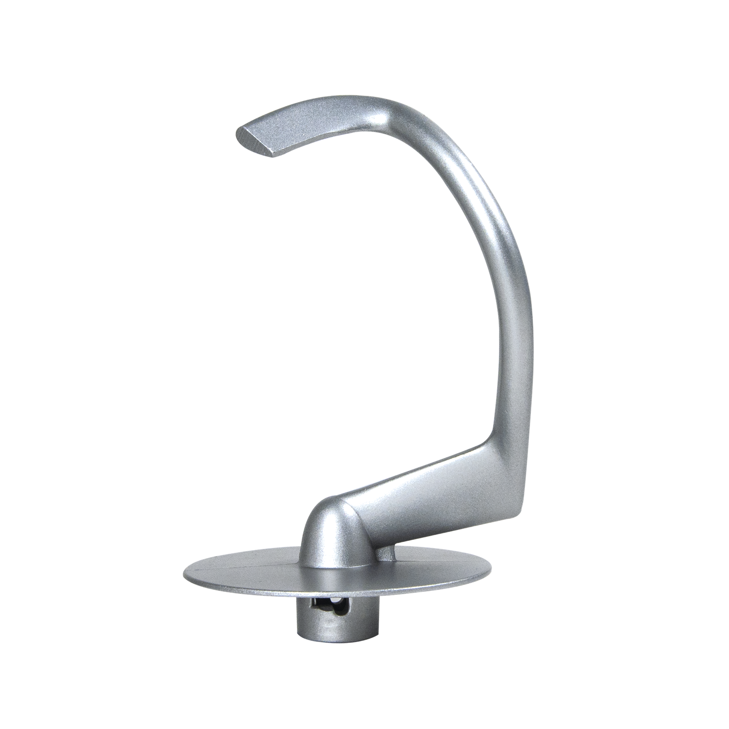 A silver-colored, curved dough hook for a kitchen mixer, set against a black background. The hook has a circular base.