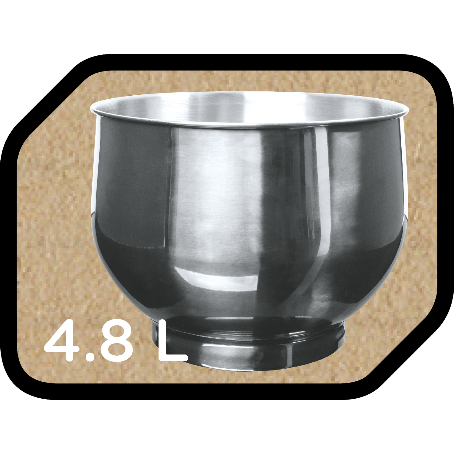 A stainless steel mixing bowl with a capacity of 4.8 liters. It has a shiny surface and is set against a beige background.