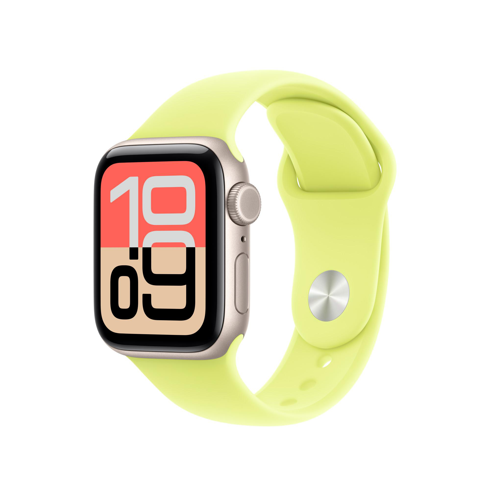 Apple Watch SE mit limettengrünem Armband. Zifferblatt zeigt 10:09. Der Hintergrund ist weiß.