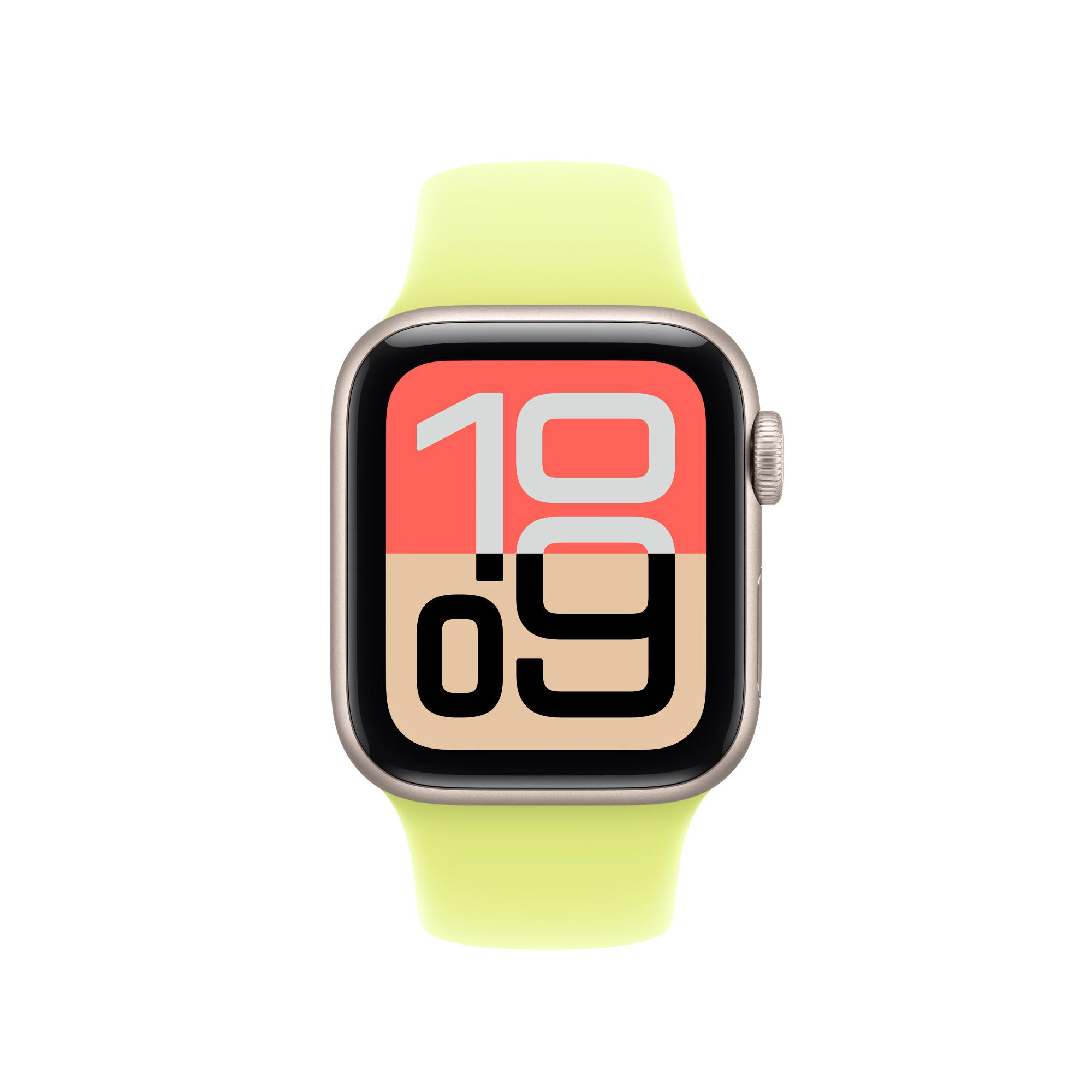 Eine Apple Watch mit hellgrünem Armband. Der Bildschirm zeigt die Uhrzeit 10:09 auf rotem und beigem Hintergrund.