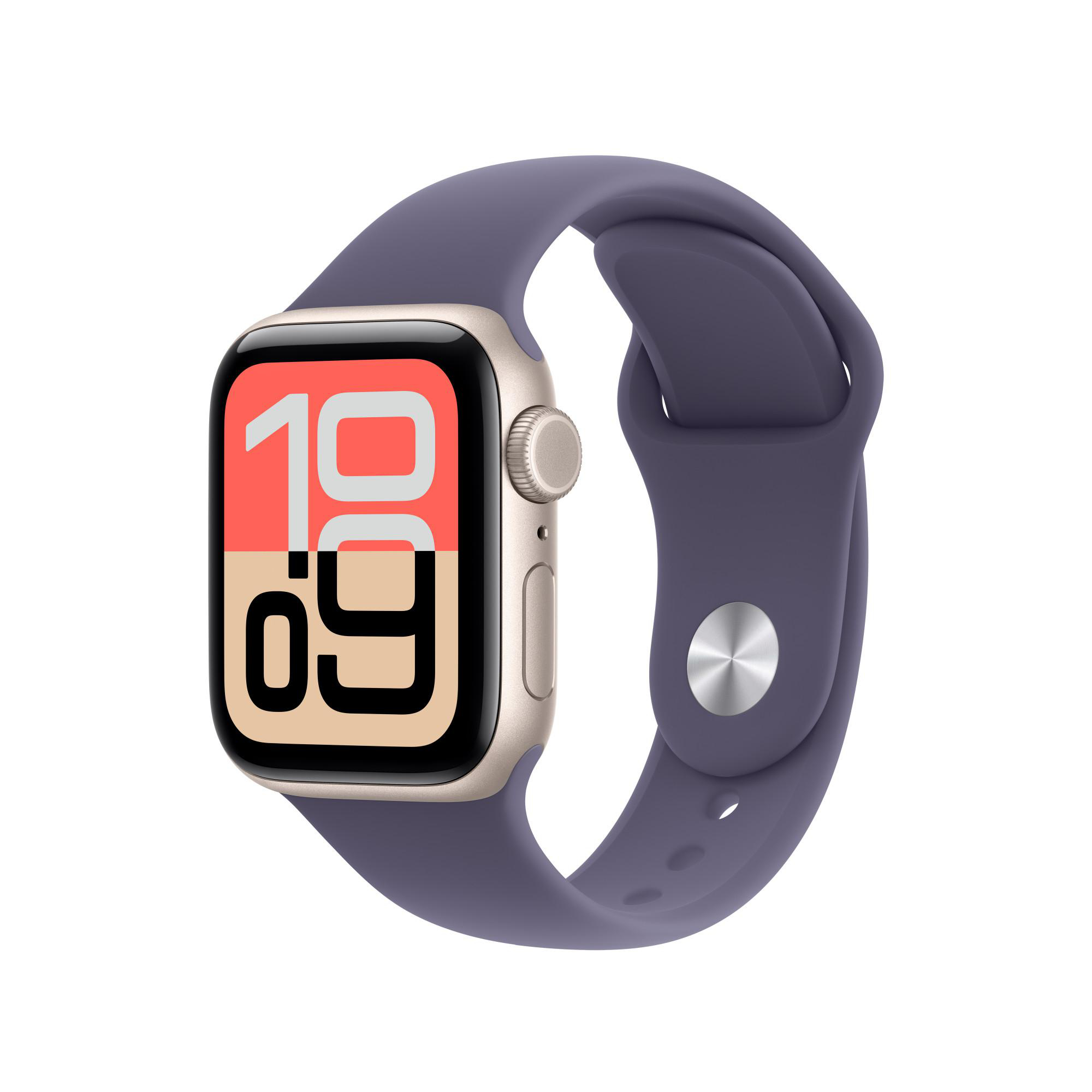 Eine Apple Watch SE mit lila Armband. Das Zifferblatt zeigt die Uhrzeit: 10:09. Der Hintergrund ist weiß.