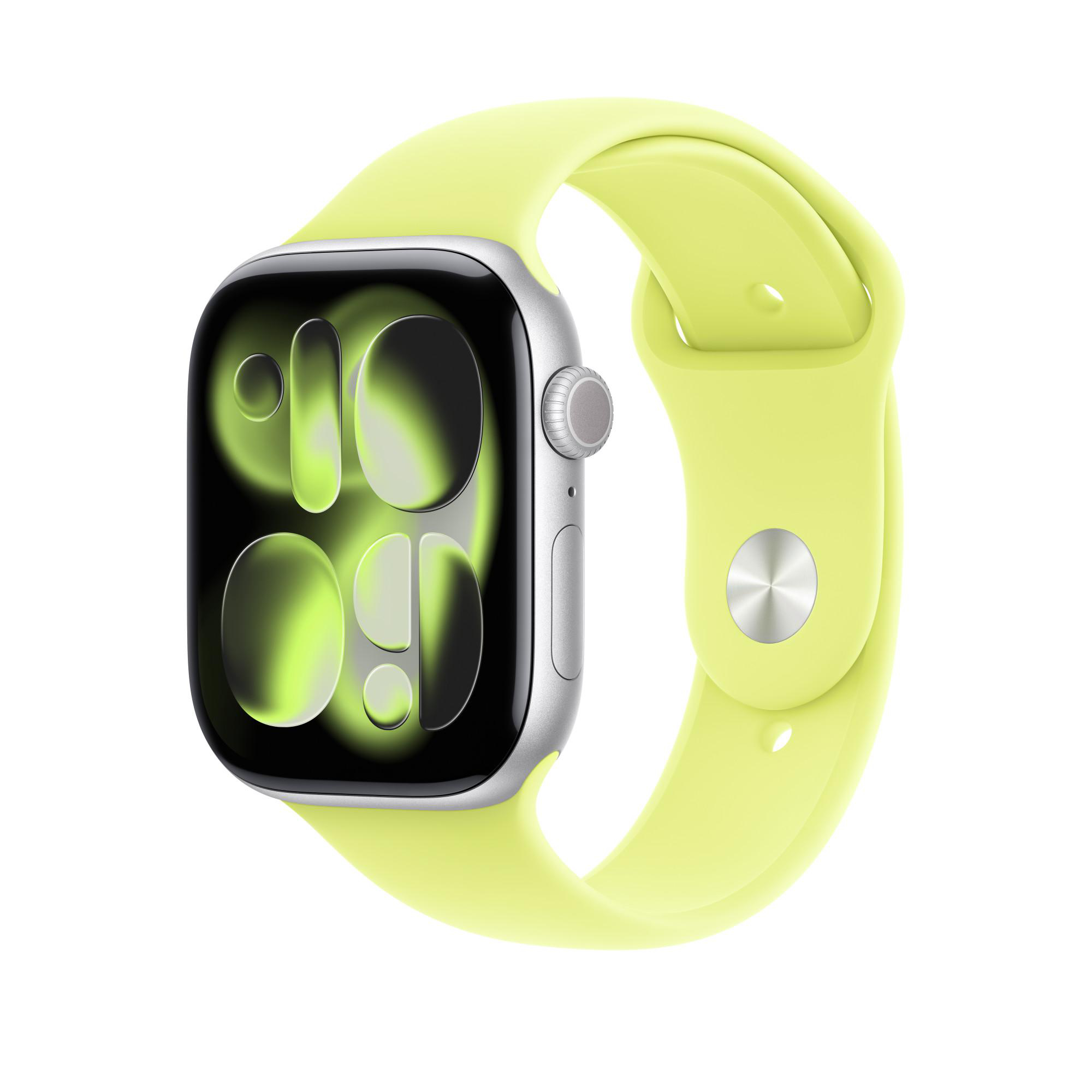Apple Watch mit silbernem Gehäuse und hellgrünem Armband. Das Zifferblatt zeigt ein grün-schwarzes Design.