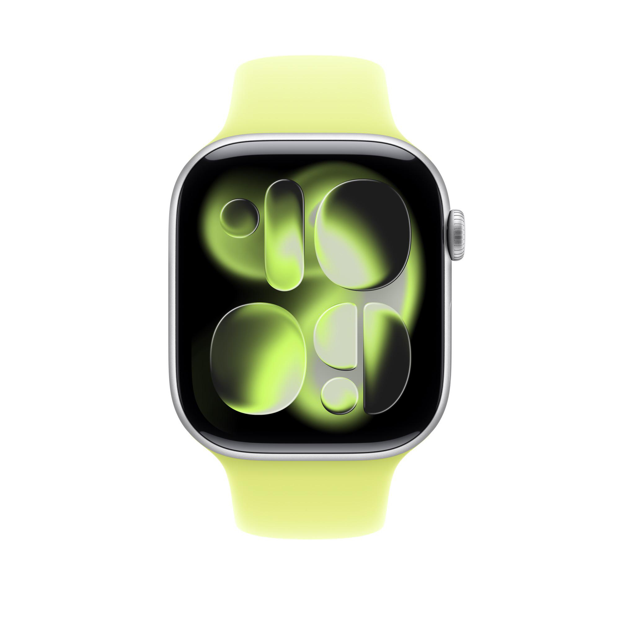 Apple Watch mit hellgrünem Armband und Bildschirm, der die Uhrzeit anzeigt. Das Zifferblatt zeigt die Zahlen 10 und 09.