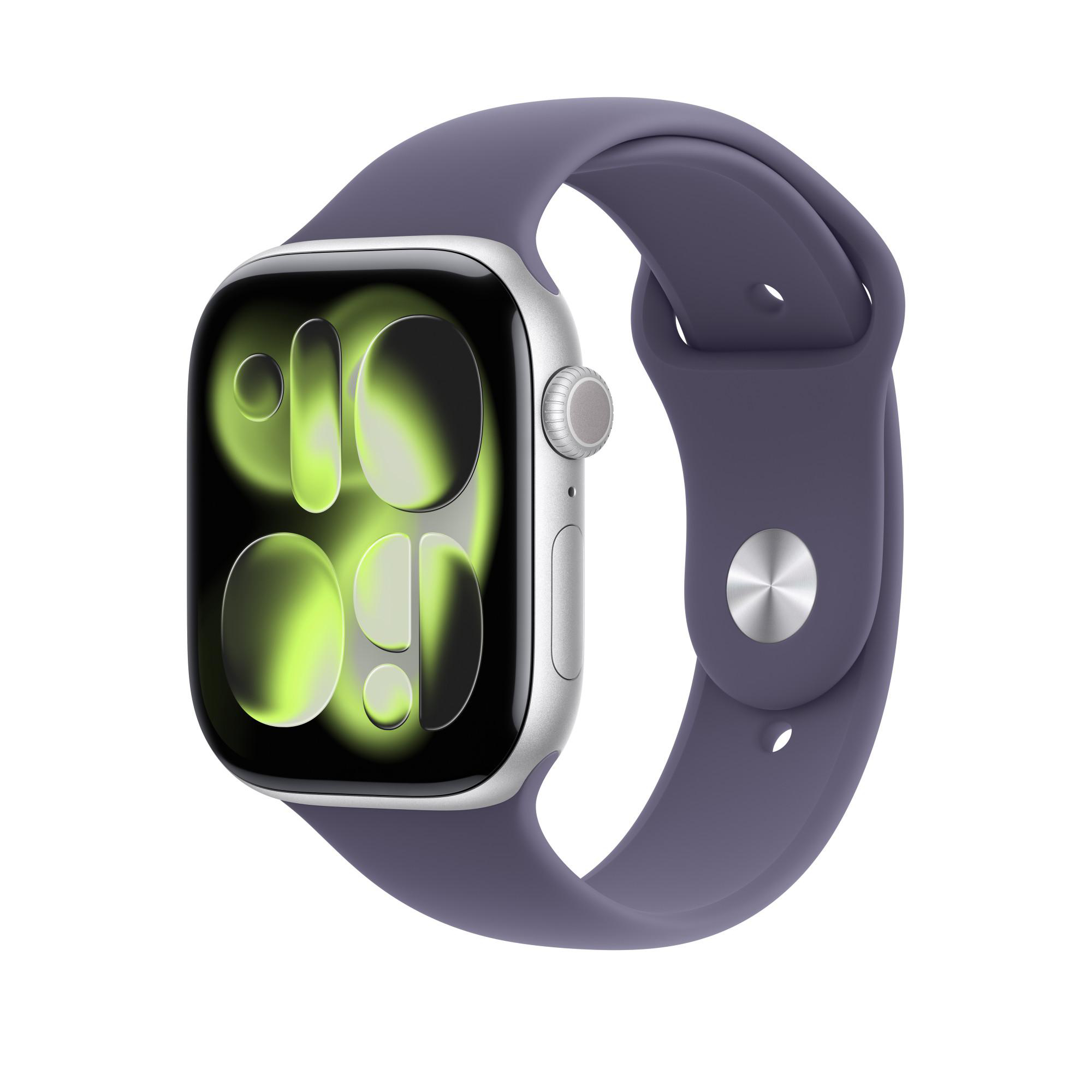 Eine silberne Apple Watch mit lila Armband. Der Bildschirm zeigt grüne und gelbe Formen.