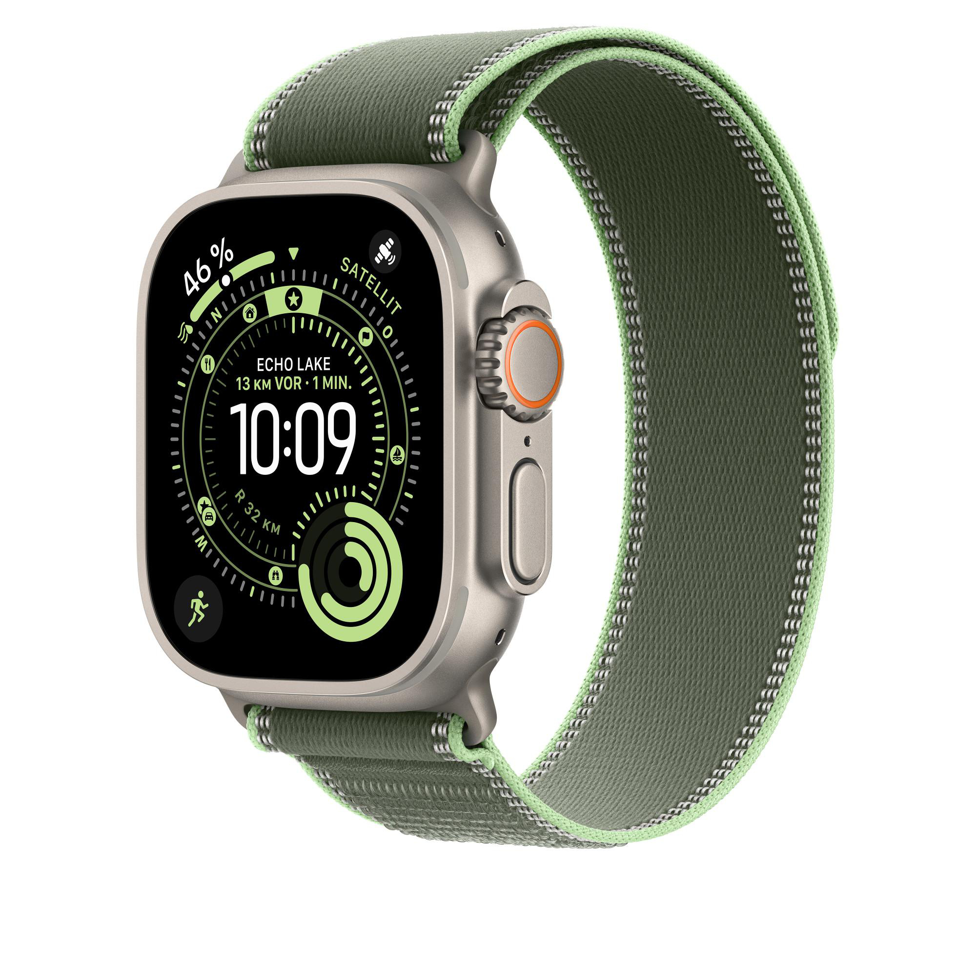 Eine Apple Watch Ultra mit grünem Armband zeigt die Uhrzeit an. Die Uhr zeigt 10:09 und einen Batteriestand von 46 %.