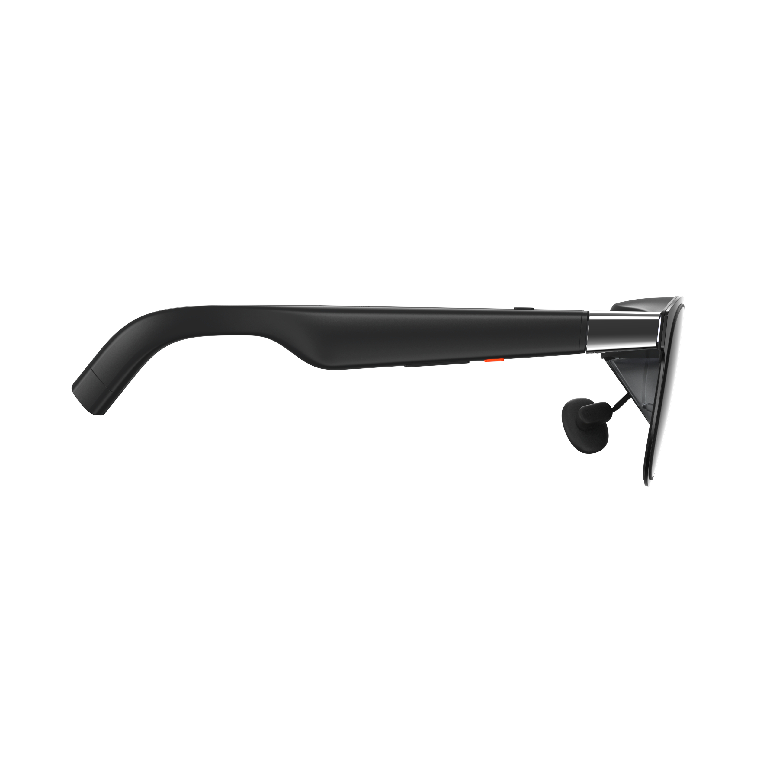 Schwarze Smart Glasses mit gebogenem Bügel. Ein kleiner Ohrhörer ist befestigt. Die Brille vor weißem Hintergrund.