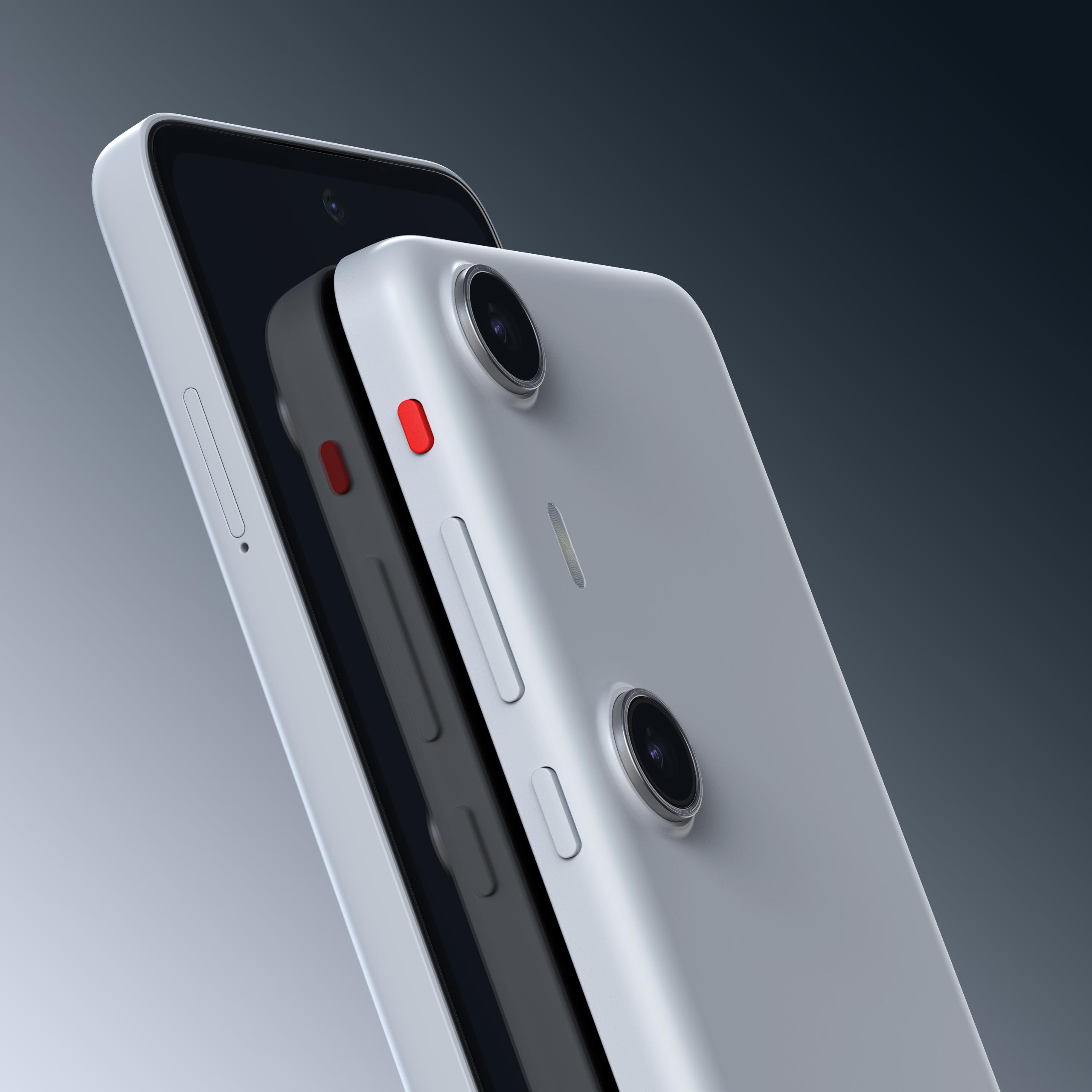 Zwei weiße Smartphones werden gezeigt. Eines befindet sich teilweise hinter dem anderen. Beide Telefone haben Kameras und Tasten.