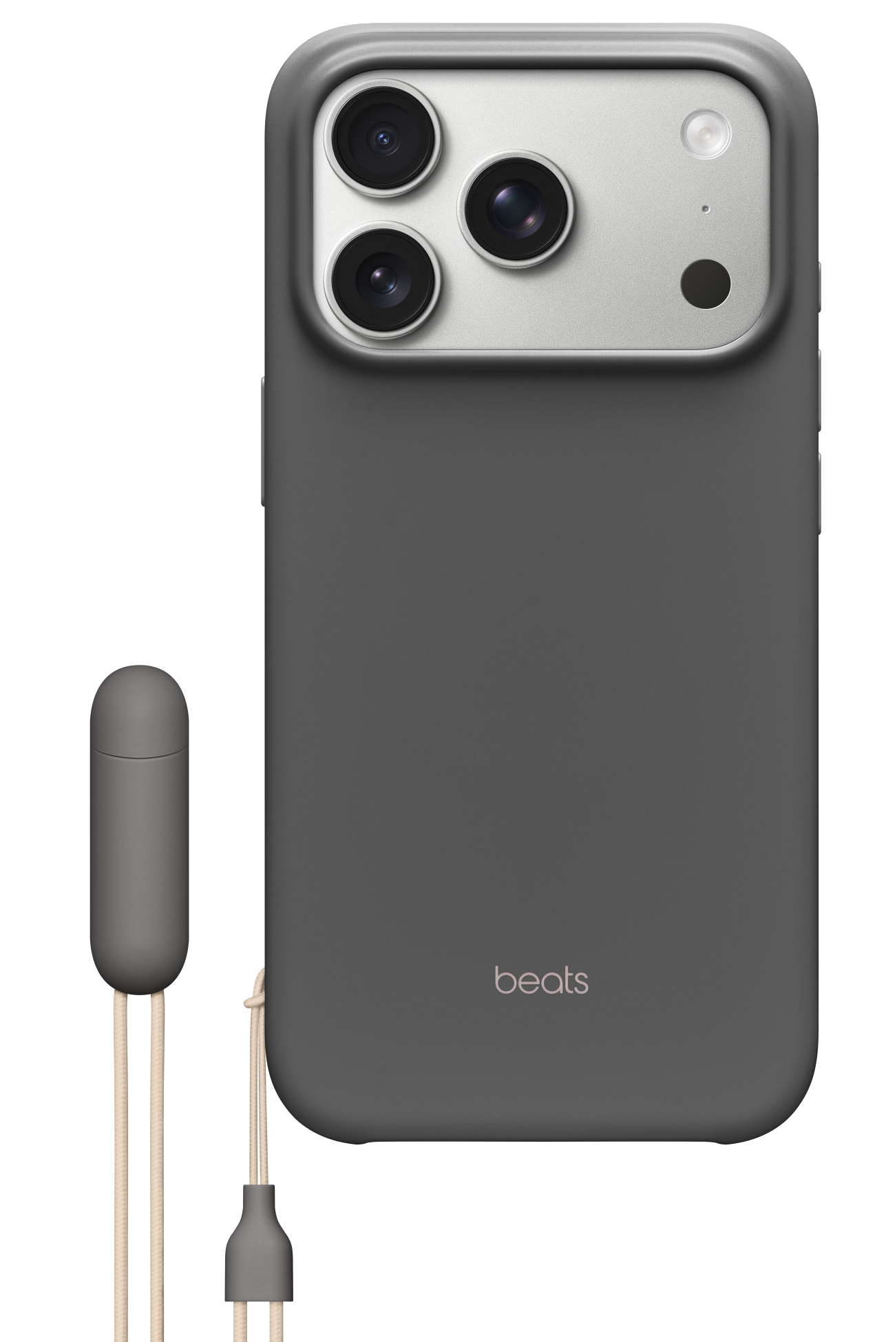 Szare etui na telefon z trzema obiektywami i lampą błyskową. Dołączony jest pasujący szary kabel z biało-złotym przewodem.