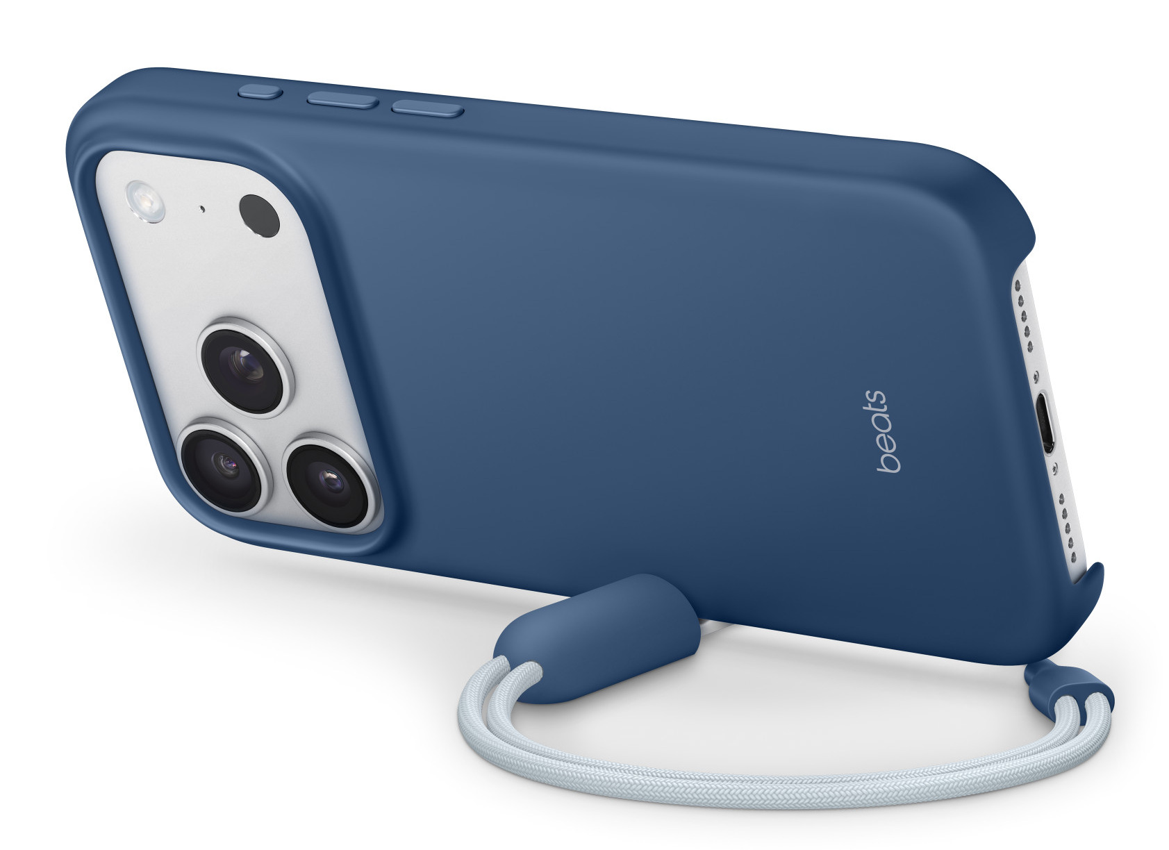 Niebieskie etui na telefon z białym telefonem w środku. Ma trzy aparaty i logo Beats.