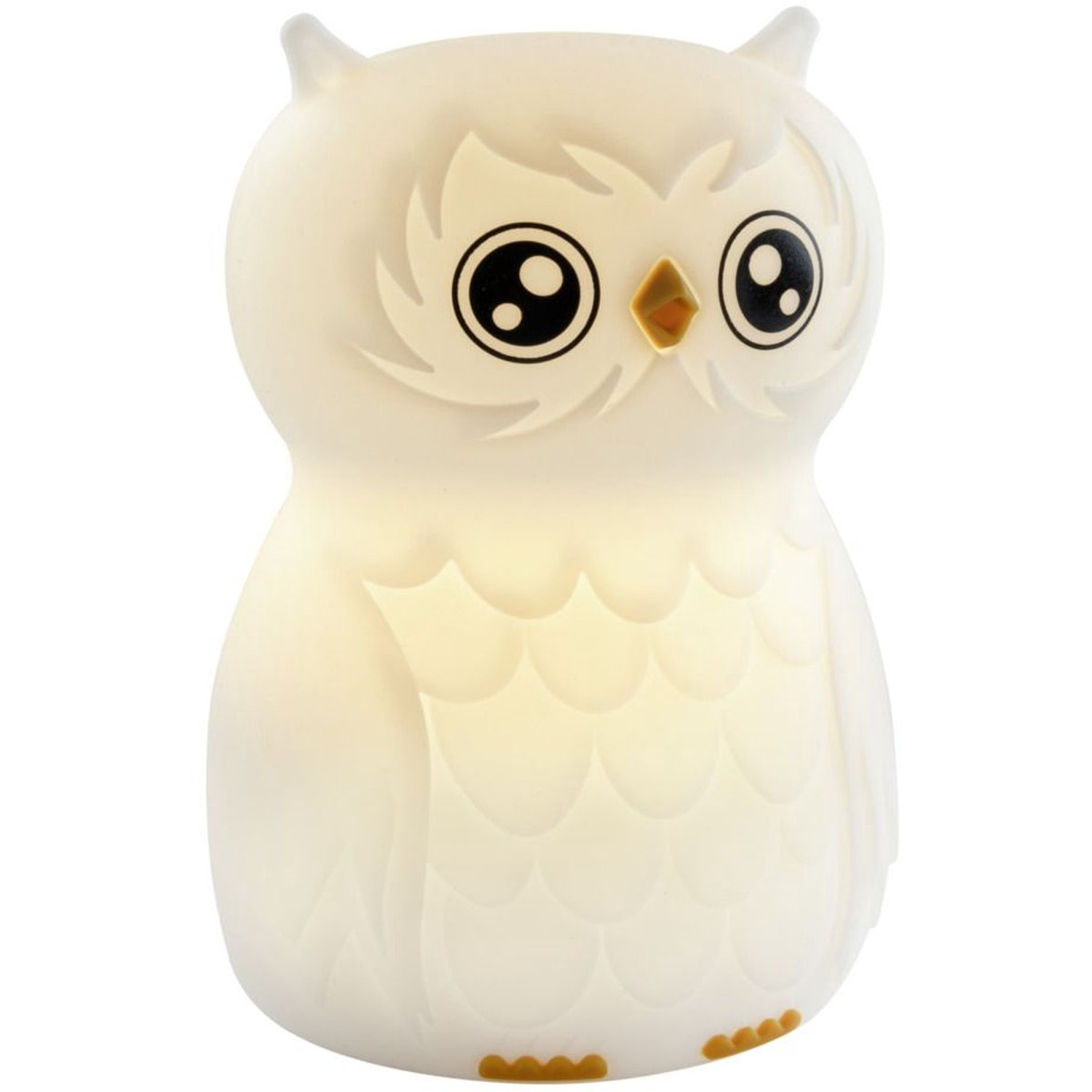 A white owl-shaped night light. It has large black eyes, a yellow beak, and small yellow feet. The light is glowing and appears soft.