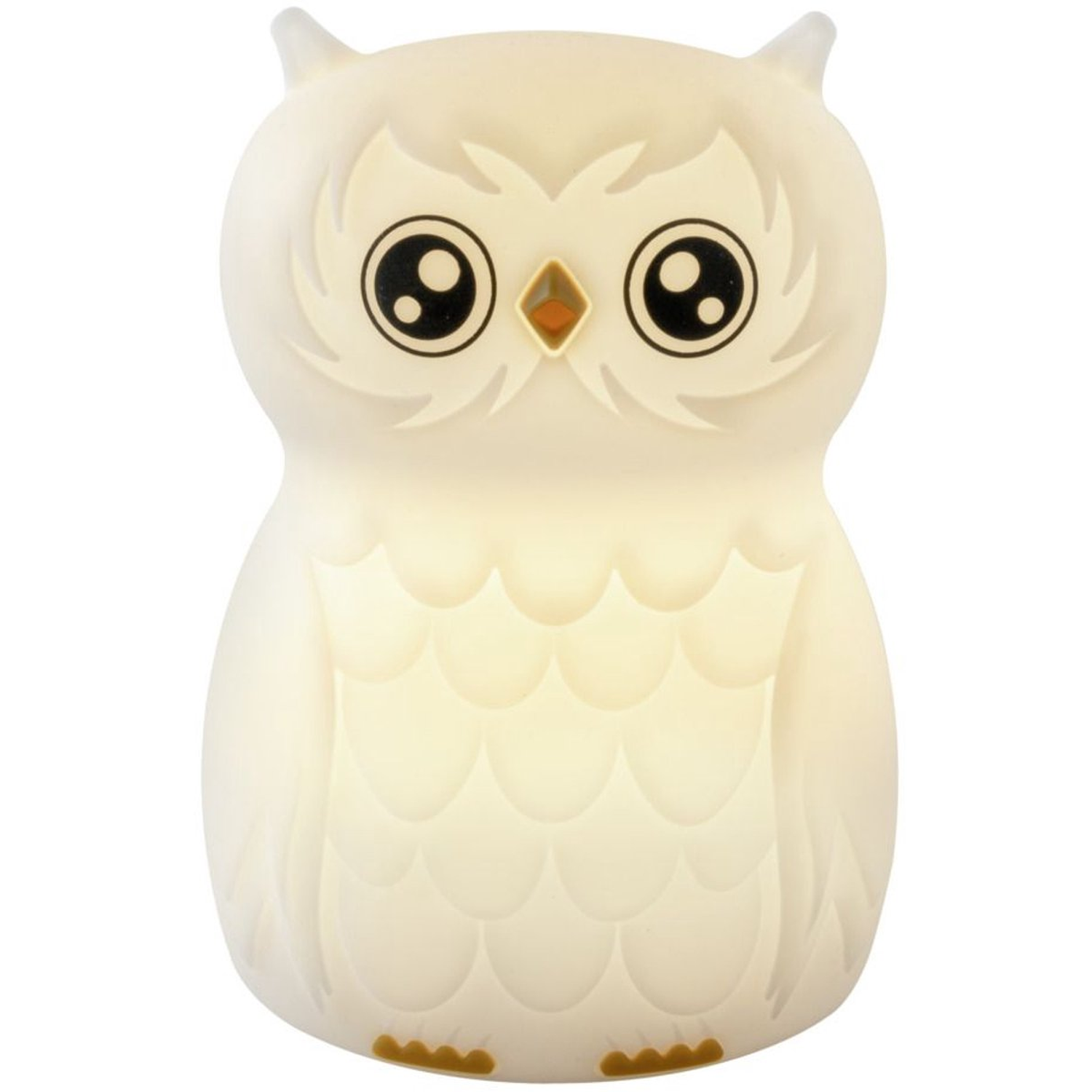 A white owl night light with big black eyes and a yellow beak. The owl is glowing and has a textured body.