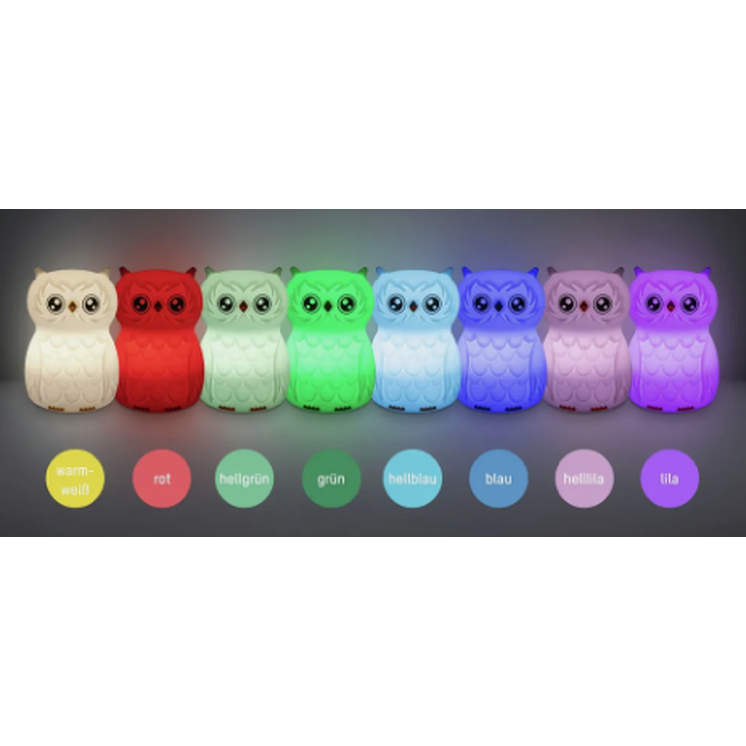 Seven colorful owl-shaped night lights, each with a different color, from warm white to purple, are arranged in a row.