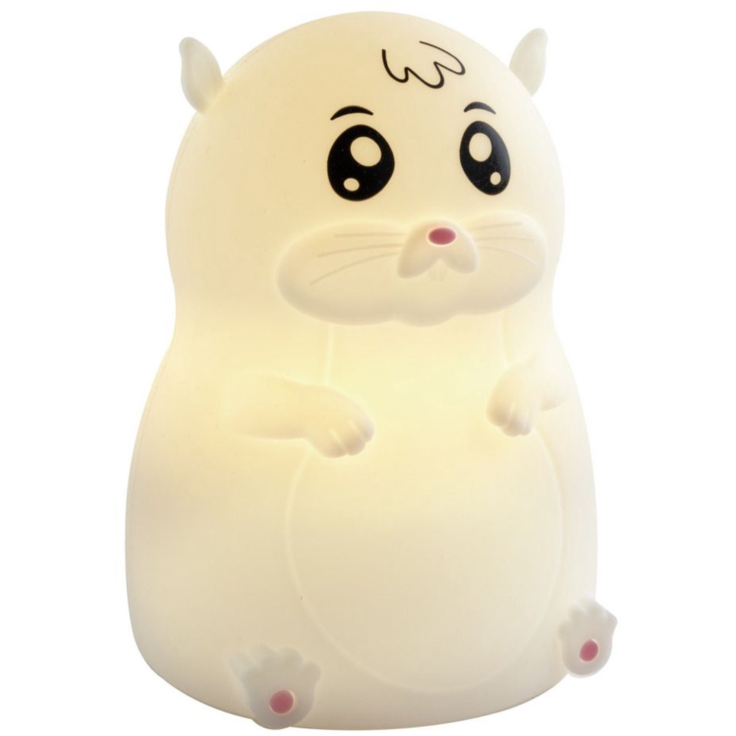 A white hamster-shaped night light. It has big black eyes, a pink nose, and small ears. The light glows from within.