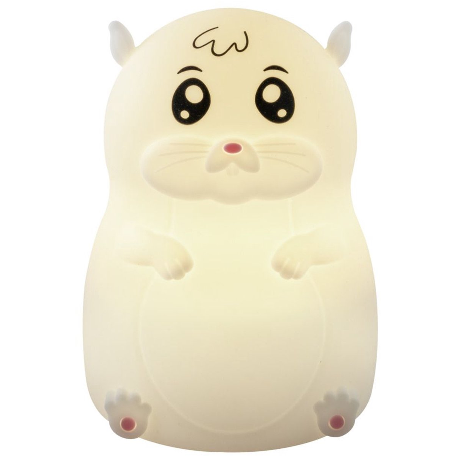 A hamster-shaped night light. It is white with black eyes, a pink nose, and small ears. The light is glowing from inside.